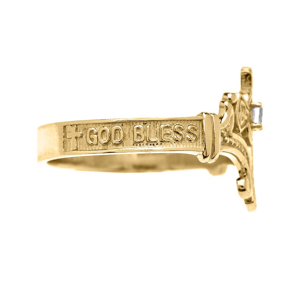 10K Yellow Gold Solitaire Diamond Celtic Cross Ring with Encrypted Prayer Blessings - Elegant Religious Jewelry for Women, Perfect for Baptism, Confirmation, Church & Daily Wear