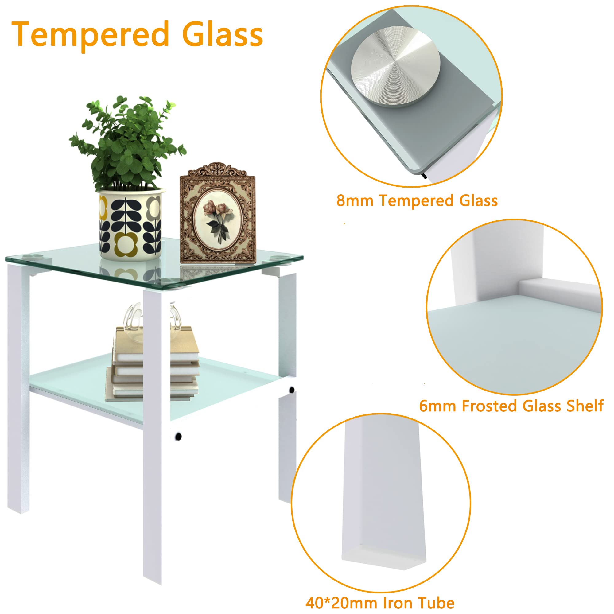 Modern Glass Coffee Table Set of 3 - Living Room End Tables with Storage, Black Metal Leg Rectangle Center Table - Tempered Glass Sofa Side & Corner Tables for Home Decor (White) | Perfect for Small Spaces, Apartments & Contemporary Living Rooms