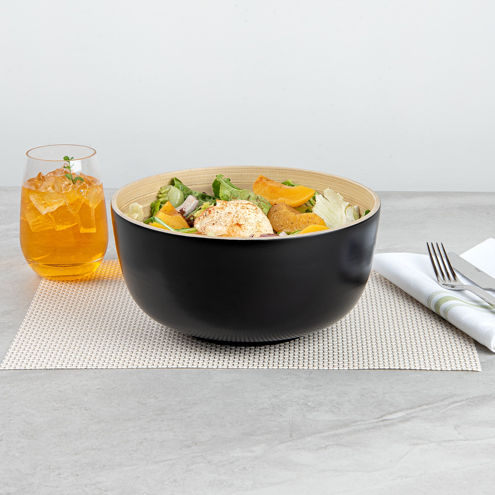 Bambuddha 25 oz Round Black Spun Bamboo Salad Bowl - Medium Size 9.5
