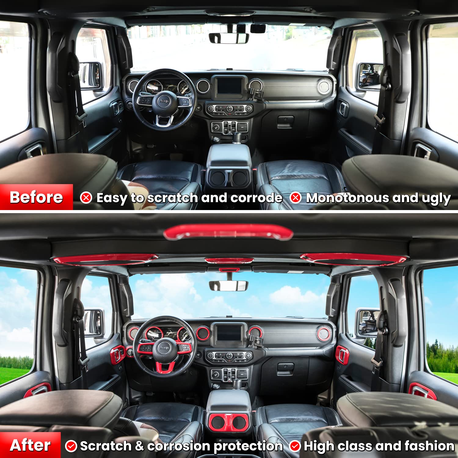 23PCS Full Interior Trim Kit for Jeep Wrangler JL JLU & Gladiator JT (2018-2023) - Steering Wheel, Door Handles, AC Vents, Cup Holders, Reading Lights, Headlight Switch Covers - Red Accent Upgrade - Perfect for Off-Road Enthusiasts & Custom Car Modifications
