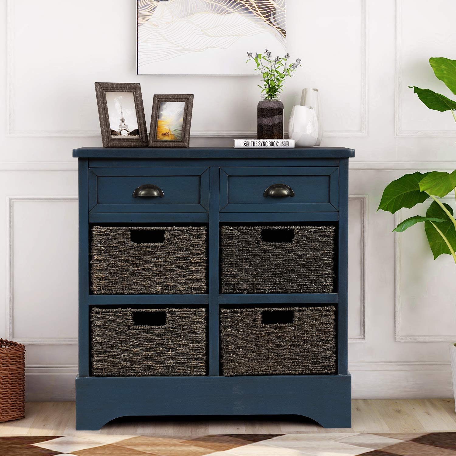 Modern Navy Blue Wood Storage Chest with 2 Drawers & 4 Baskets - Entryway Cabinet, Side Table for Living Room, Dining Room, Hallway Organizer