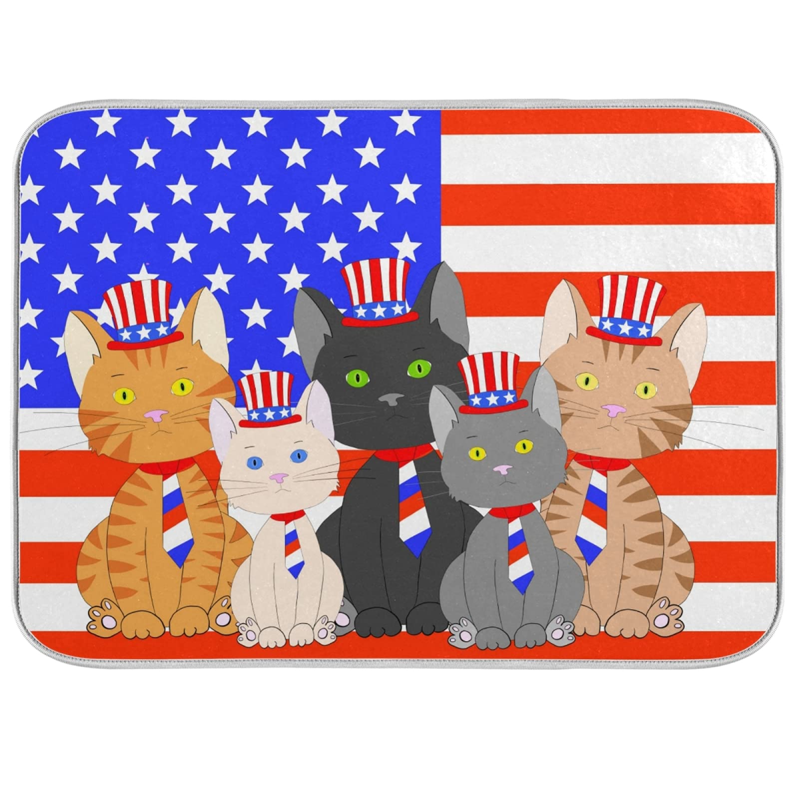 Susiyo Patriotic Flag Kittens Cats Dish Drying Mat - 18x24 Inch Absorbent Kitchen Countertop Drainer Pad for Dishes, Cups, and Utensils