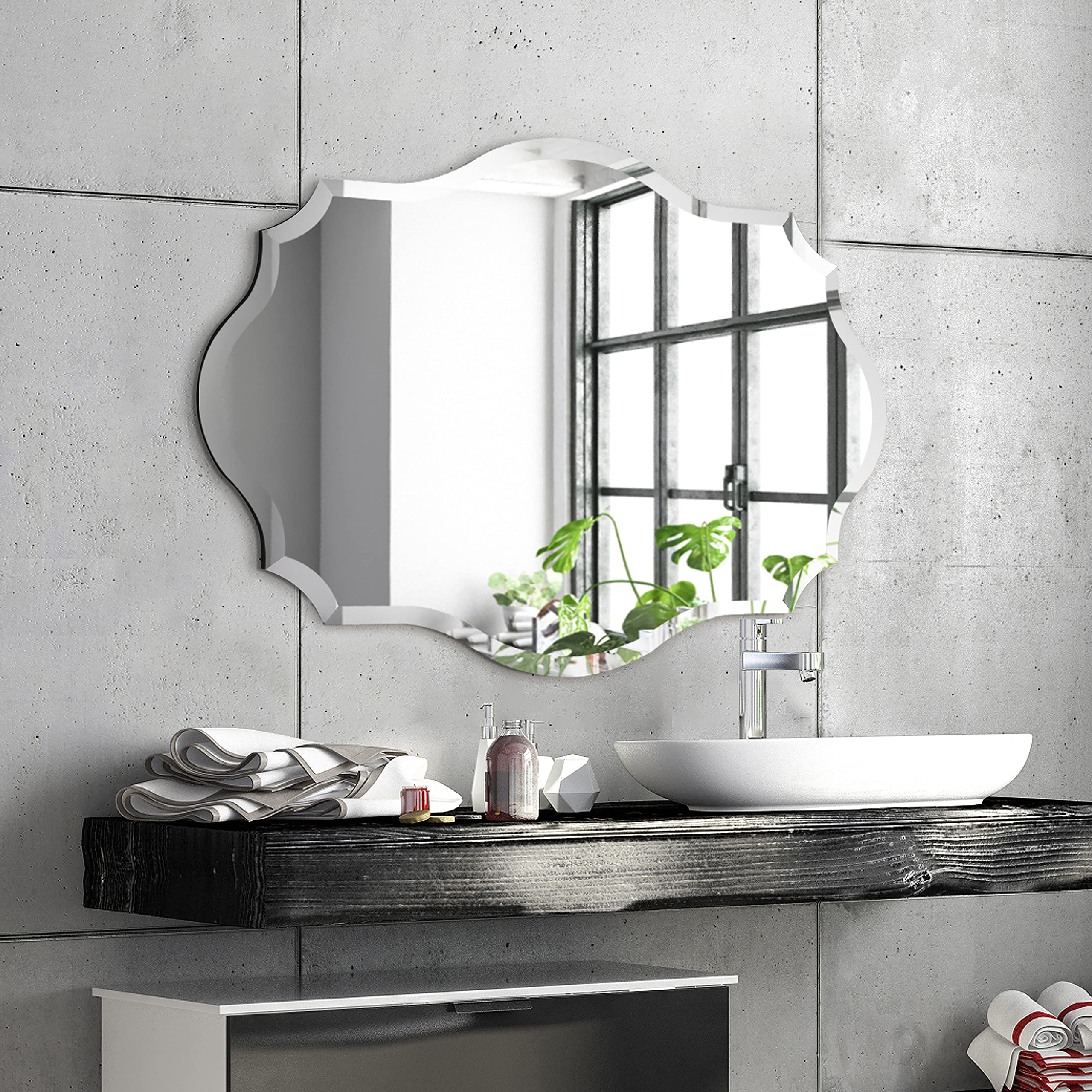 Empire Art Direct 30x40 Inch Frameless Prism Modern Wall Mirror - Oblong Scalloped Design with 1-Inch Beveled Edge - Perfect for Bathroom Vanity, Bedroom Decor & Living Room Wall Art