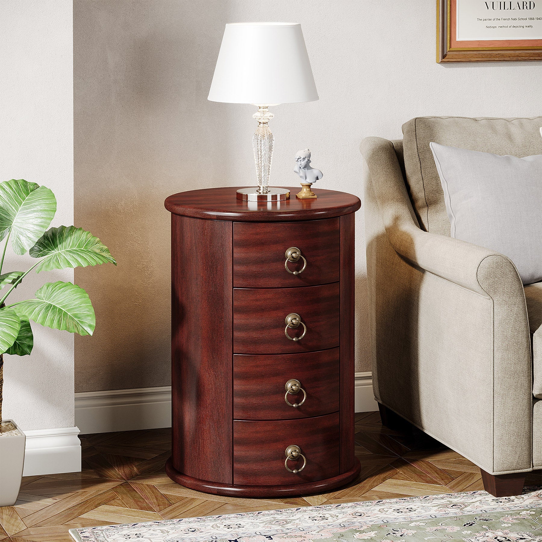Round Wood End Table with 4 Drawers - Small Side Table for Living Room, Bedroom, or Office - Perfect for Storage and Decor