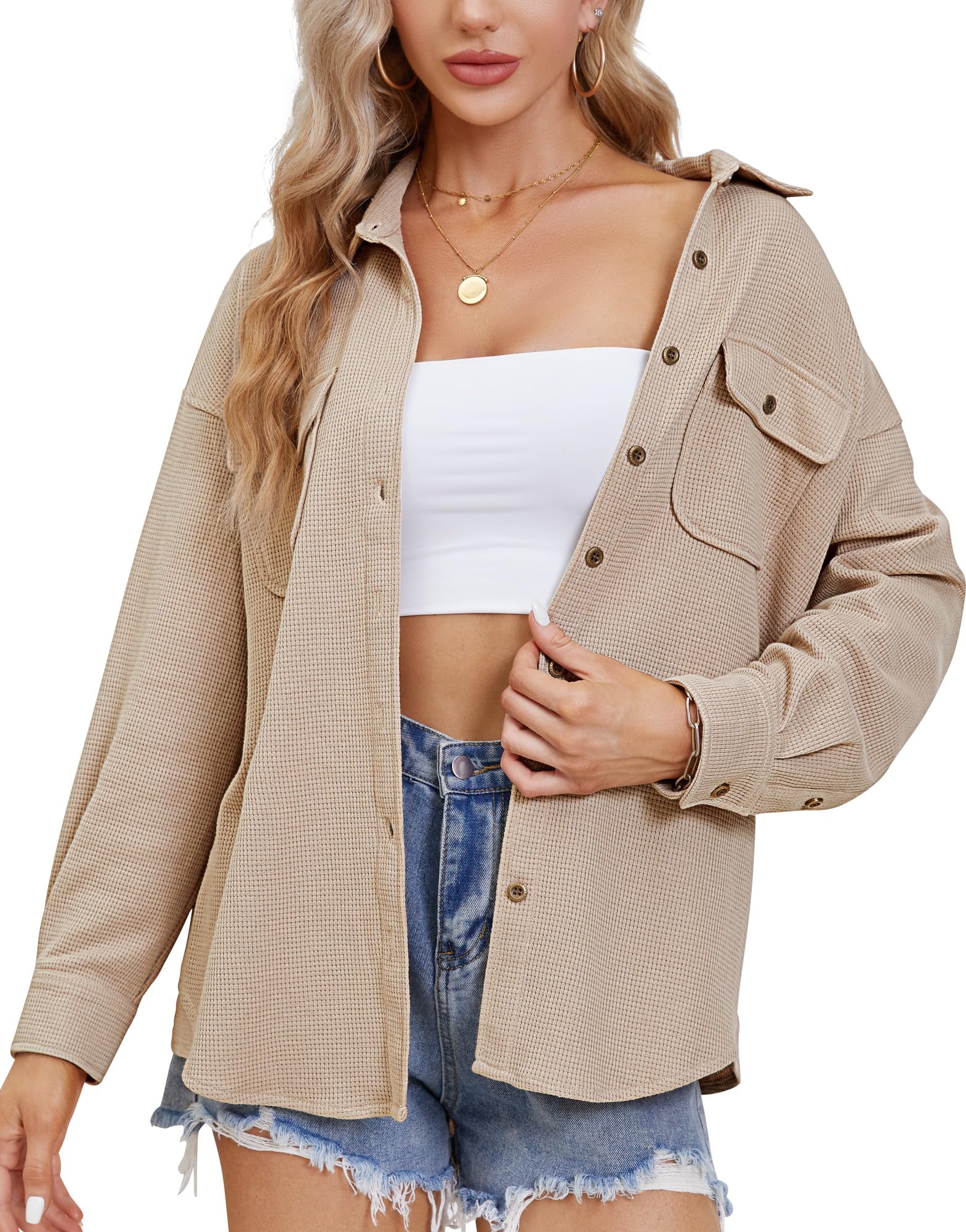 Fengbay Women's Waffle Knit Shacket - Long Sleeve Button Down Shirt Blouse for Casual & Dressy Outfits | Perfect for Fall Layering, Office Wear & Weekend Brunch