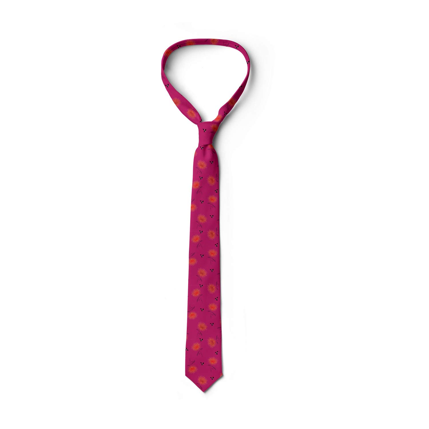 Ambesonne Spring Necktie - Powder Puff Flowers & Spring Beetles Design | 3.7 Inch Wide | Magenta Vermilion Color | Perfect for Weddings, Easter & Spring Office Wear