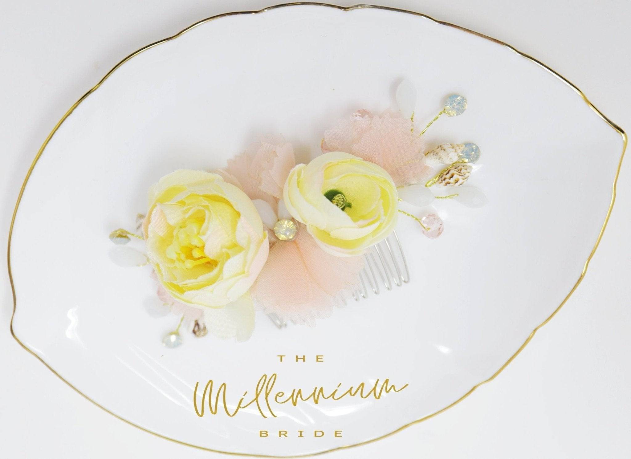 Swarovski Crystal Shell Hair Comb - Pink & Yellow Flower Bridal Hairpiece for Weddings, Prom, and Special Occasions