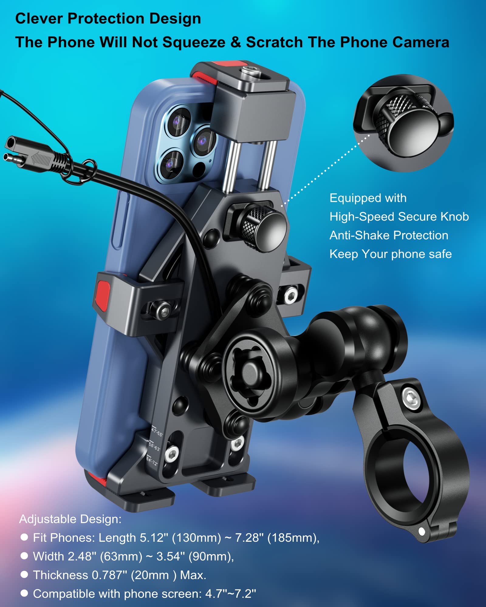 BRCOVAN Motorcycle Phone Mount with Qi 15W Wireless Charging - Aluminum Alloy Handlebar Holder, Vibration Dampener & Anti-Theft Lock for iPhone & Android (4.7