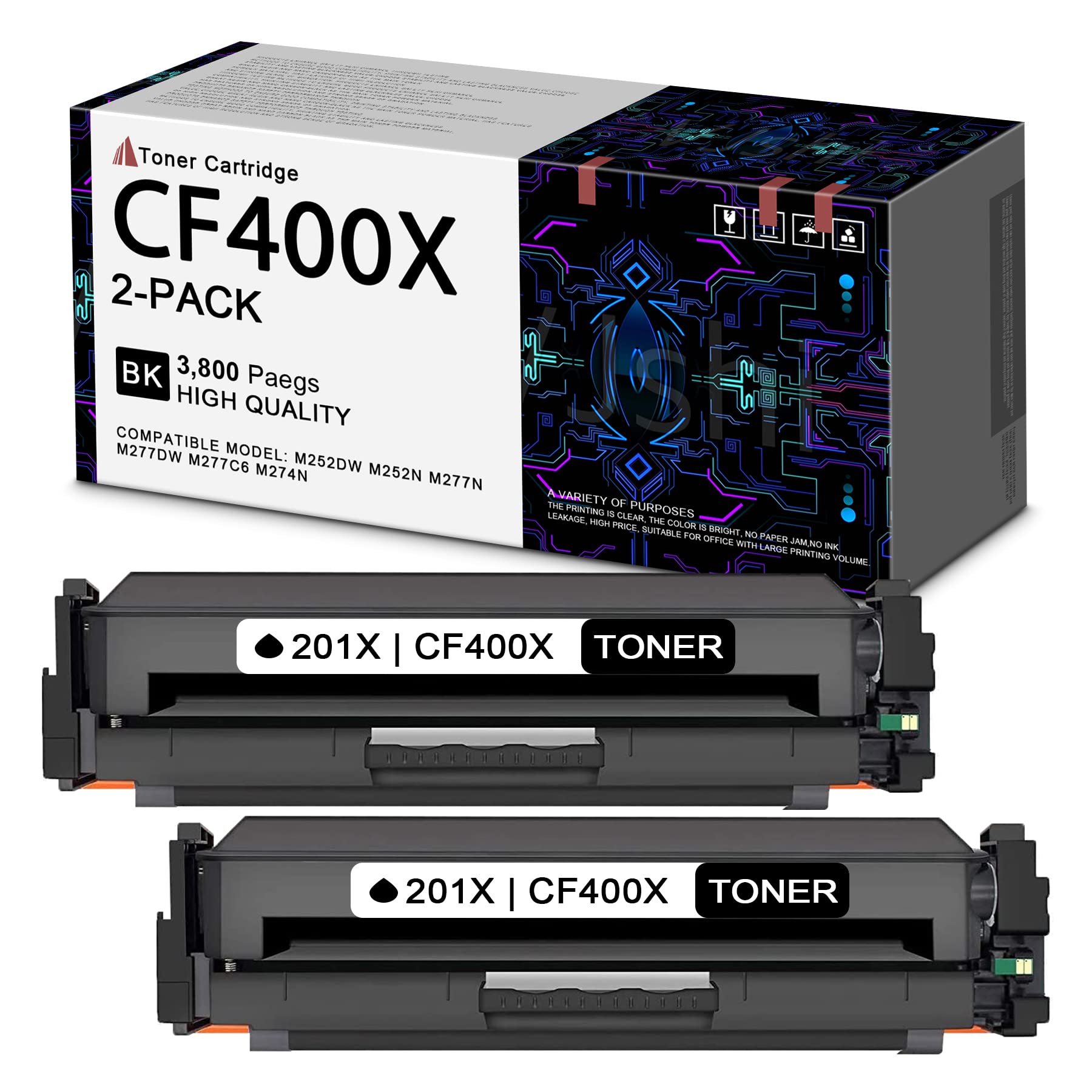 High Yield CF400X Compatible Toner Cartridge Replacement for HP M252dw (B4A22A), M252n (B4A21A), M277dw (B3Q11A), M277c6 (B3Q17A), M277n (B3Q10A), M274n (M6D61A) Printers - 2 Black - Perfect for Office & Home Printing