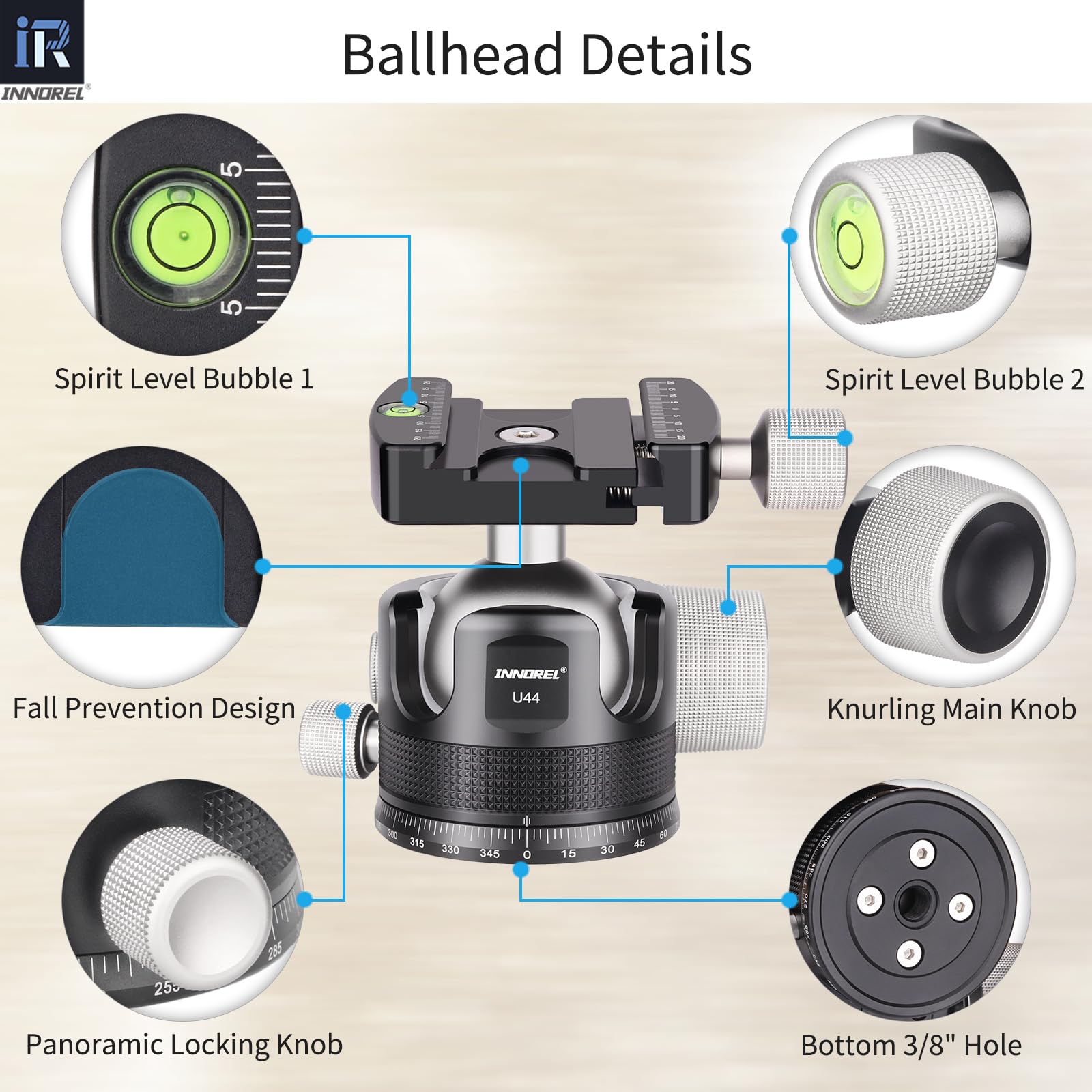 INNOREL 44mm Low Profile Camera Tripod Ball Head - CNC Metal Heavy Duty 360° Panoramic Tripod Head with Arca 1/4