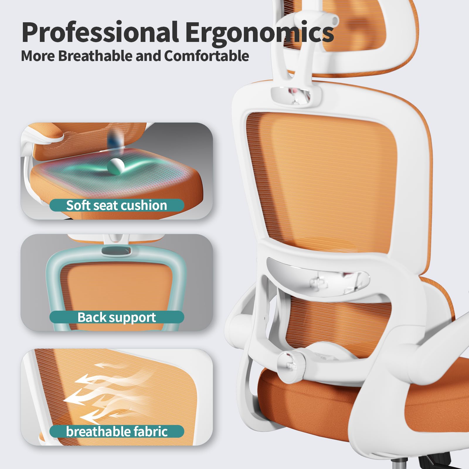 Ergonomic Office Chair with High Back & Mesh Seat - 330 LBS Capacity, Rolling Wheels for Home & Gaming - Comfortable Desk Chair for Long Hours Work (Orange) - Perfect for Home Office, Gaming Setup & Workspace
