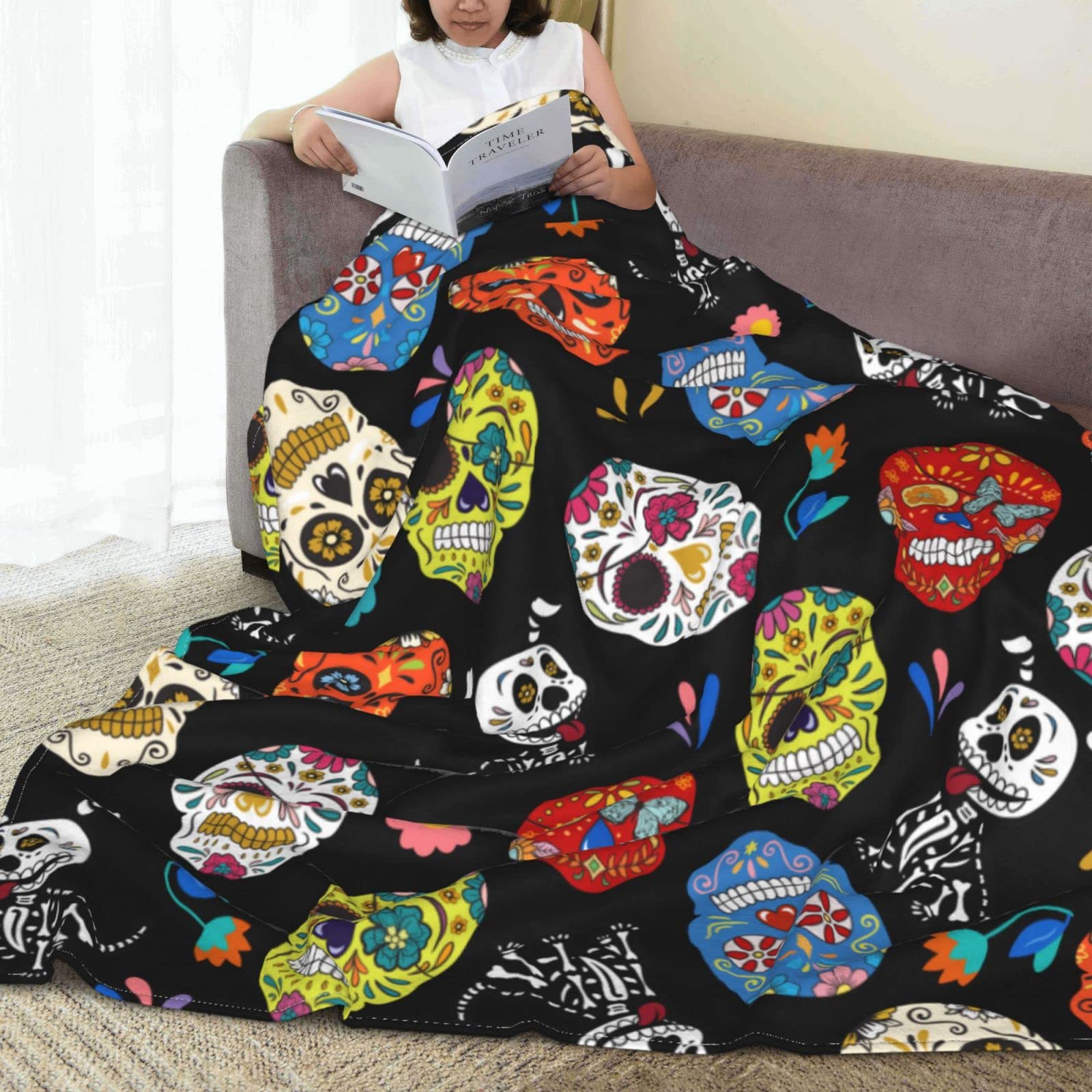 Day of the Dead Sugar Skull Fleece Blanket - Soft Warm Flannel Throw 80x60 Inches for Couch, Bed & Pets - Mexican Holiday Home Decor Gift for Adults & Kids