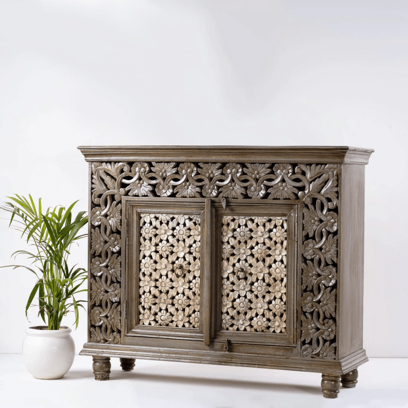 Exquisite Hand-Carved Floral Two-Door Wooden Cabinet | Authentic Indian Furniture for Living Room & Bedroom Decor