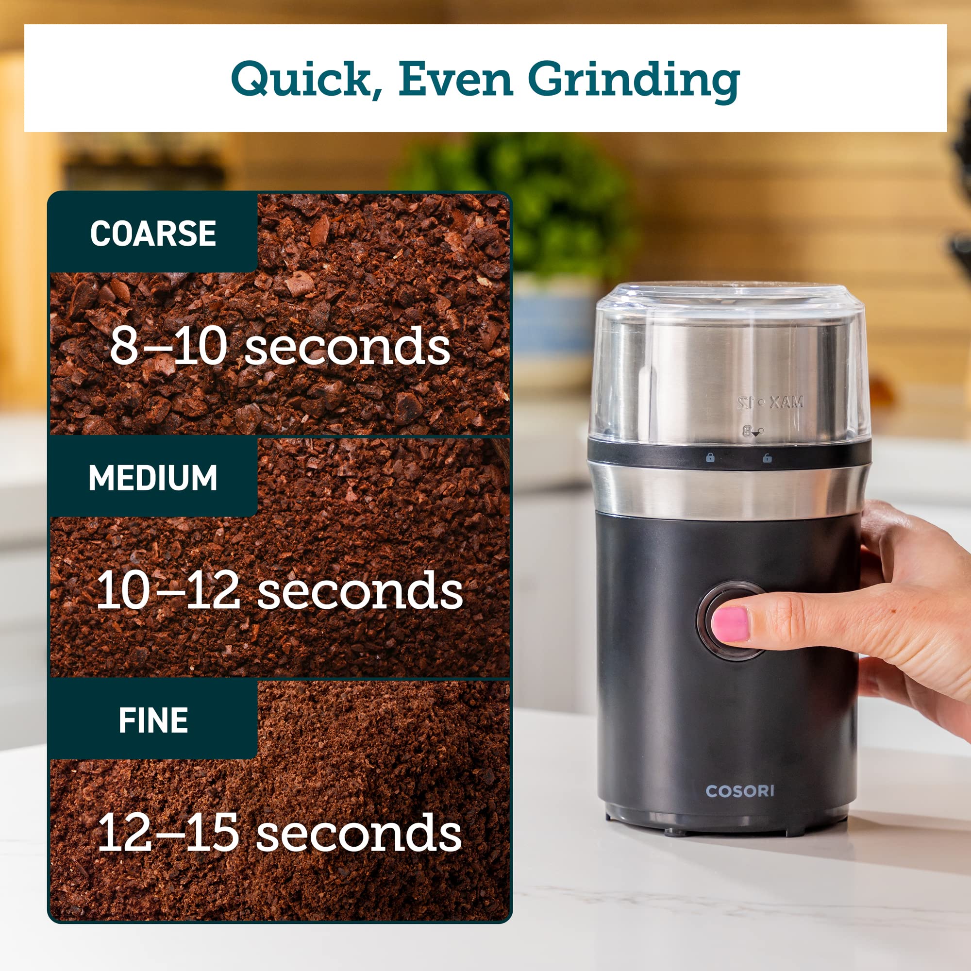 COSORI Electric Coffee Grinder for Spices, Seeds, Herbs & Coffee Beans - Stainless Steel Blades with 2 Removable Bowls - Wet & Dry Grinder for Espresso, Cooking & Baking - Perfect for Kitchen, Camping & Travel (Black)