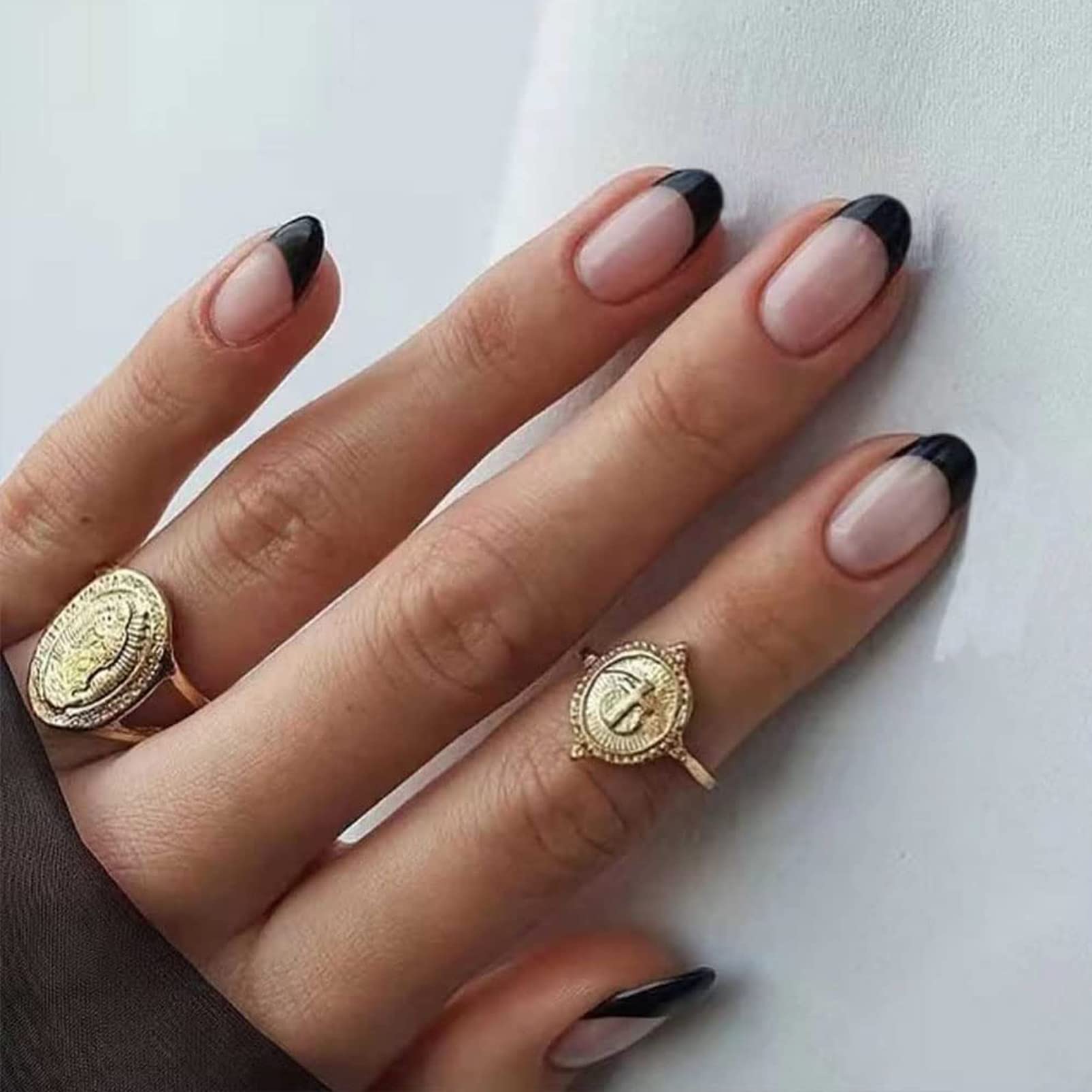 24Pcs Short Almond Fake Nails - Black French False Nails with Nail Glue, Oval Press on Nails for Women & Girls | Nude French Tips, Full Cover Stick on Nails for Daily Wear, Parties & Special Occasions