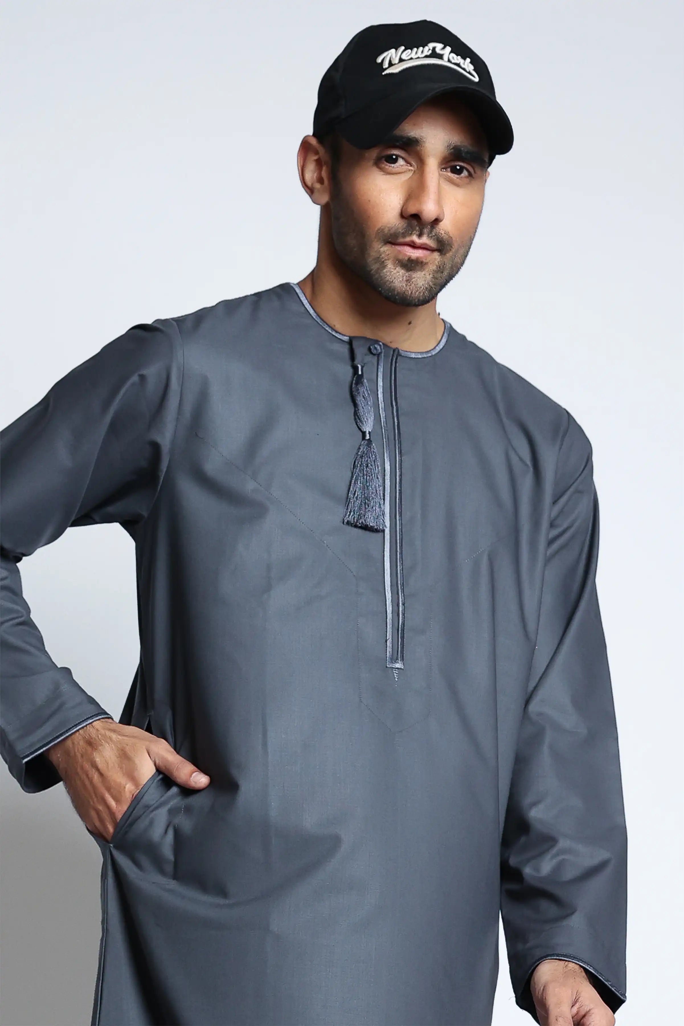 Premium J143 Carbon Grey Habeel Thobe for Men - Traditional Arabic Islamic Robe - Perfect for Eid, Ramadan & Special Occasions
