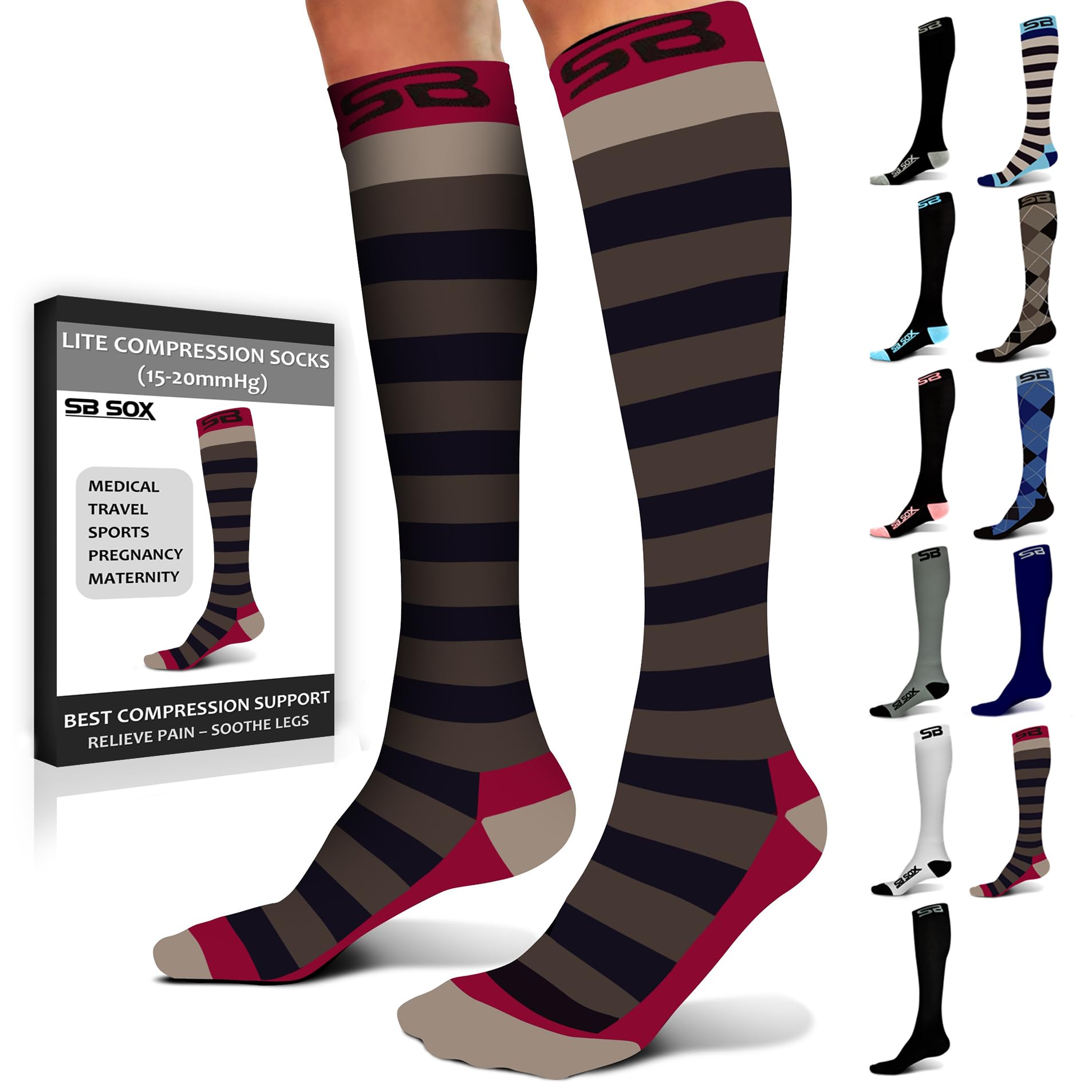 SB SOX Lite 15-20mmHg Compression Socks for Men & Women - Best Graduated Compression Socks for Running, Travel, Nursing & Varicose Vein Relief - Breathable & Comfortable for All-Day Wear - Plus Size XXL Available