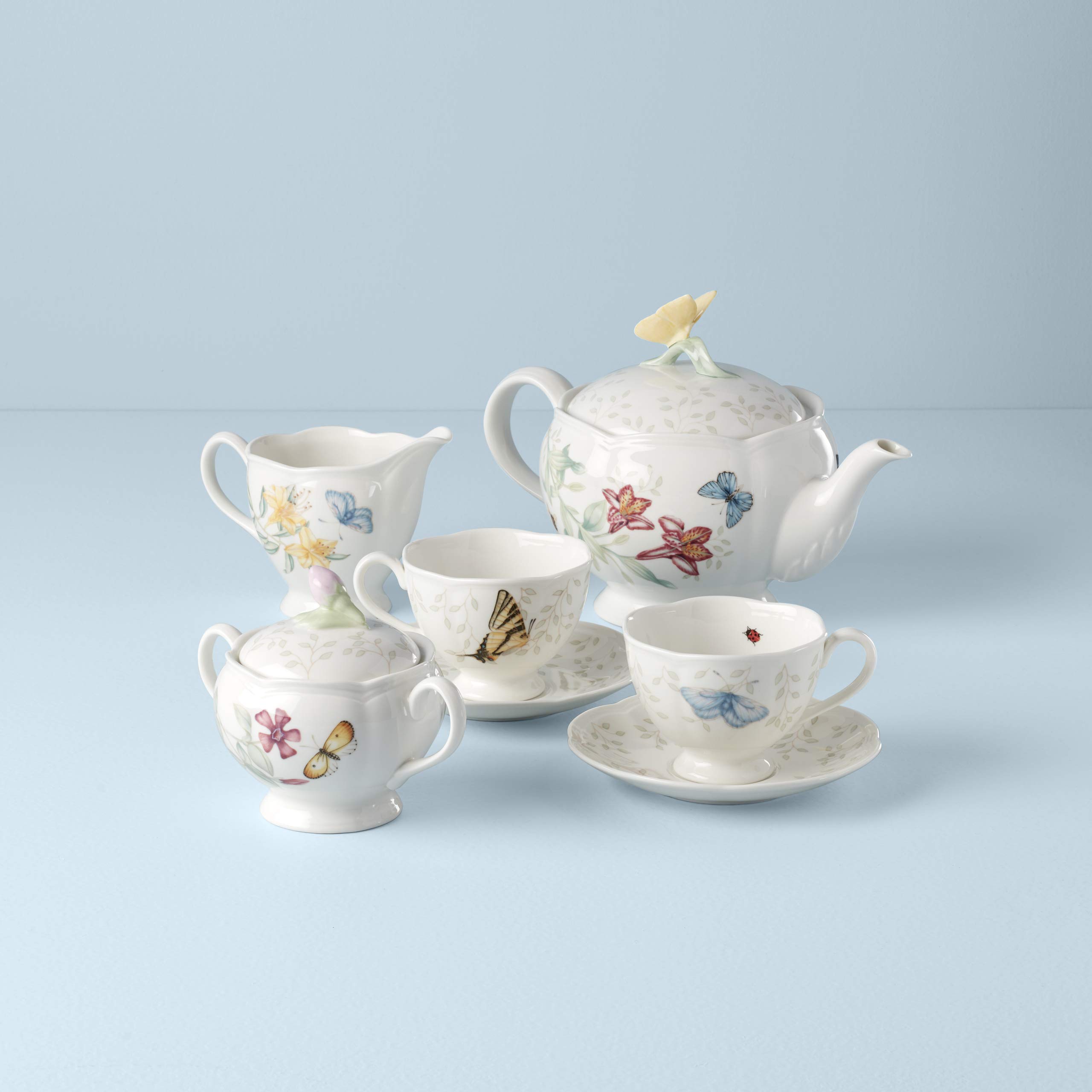 Lenox Butterfly Meadow 8-Piece Tea Set for 2, Porcelain White Floral Tea Cups & Saucers - Perfect for Afternoon Tea, Bridal Shower & Mother's Day Gifts