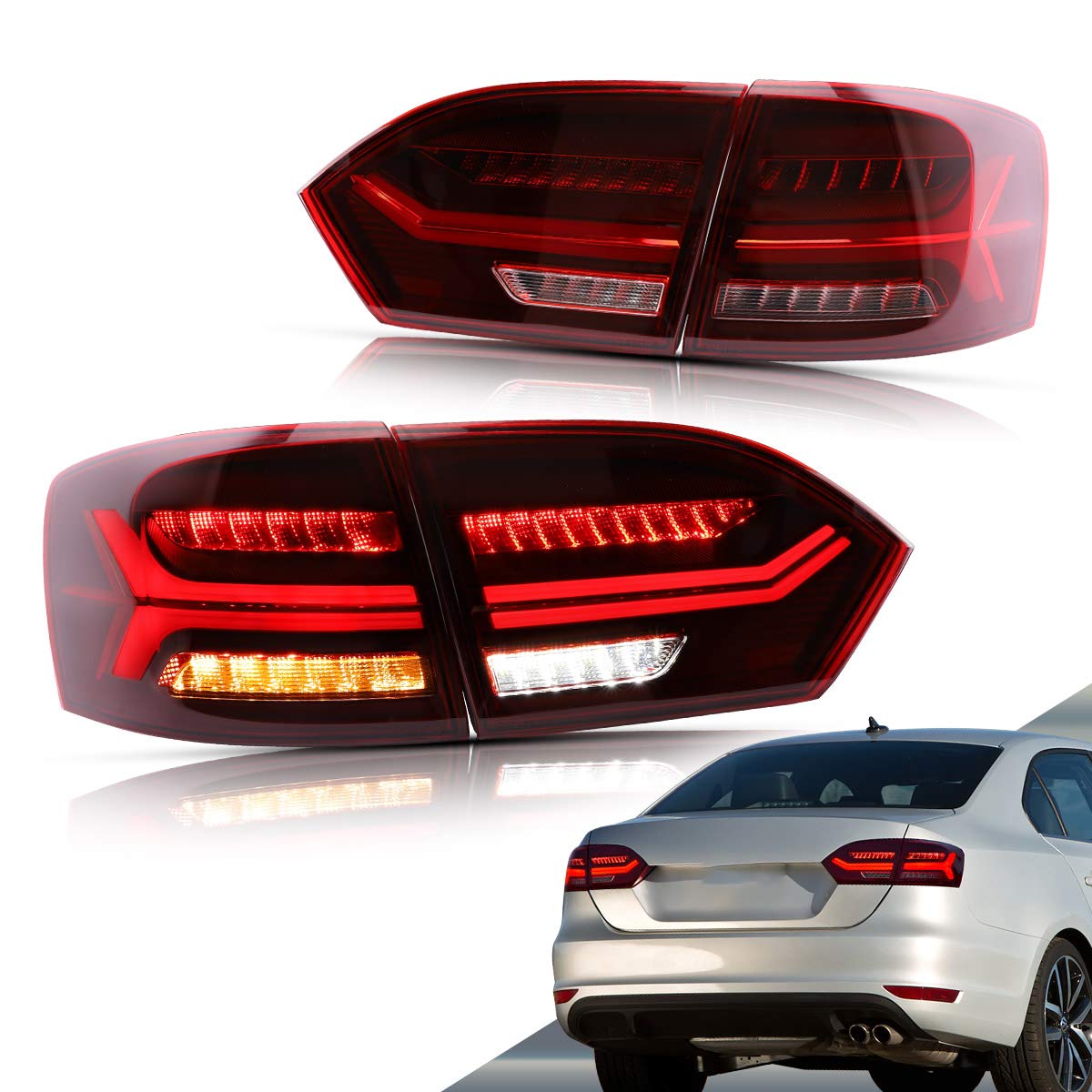 VLAND Full LED Tail Lights Compatible with Volkswagen Jetta 2011-2014 & Sagitar 2012-2015 (Excludes GLI & LED Versions) - Sequential Turn Signals with Left Fog Light - Upgrade Your Car's Rear Lighting for Night Driving & Enhanced Safety