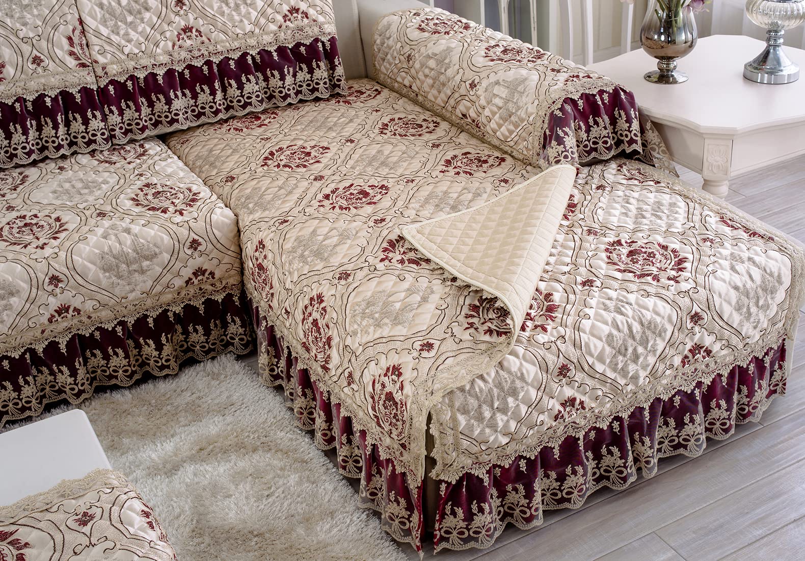 VCTOPS Classic Floral Jacquard Sofa Cover with Lace Ruffles - Luxury Non-Slip Quilted Sectional Couch Slipcover - Furniture Protector for Living Room (Wine Red, 24