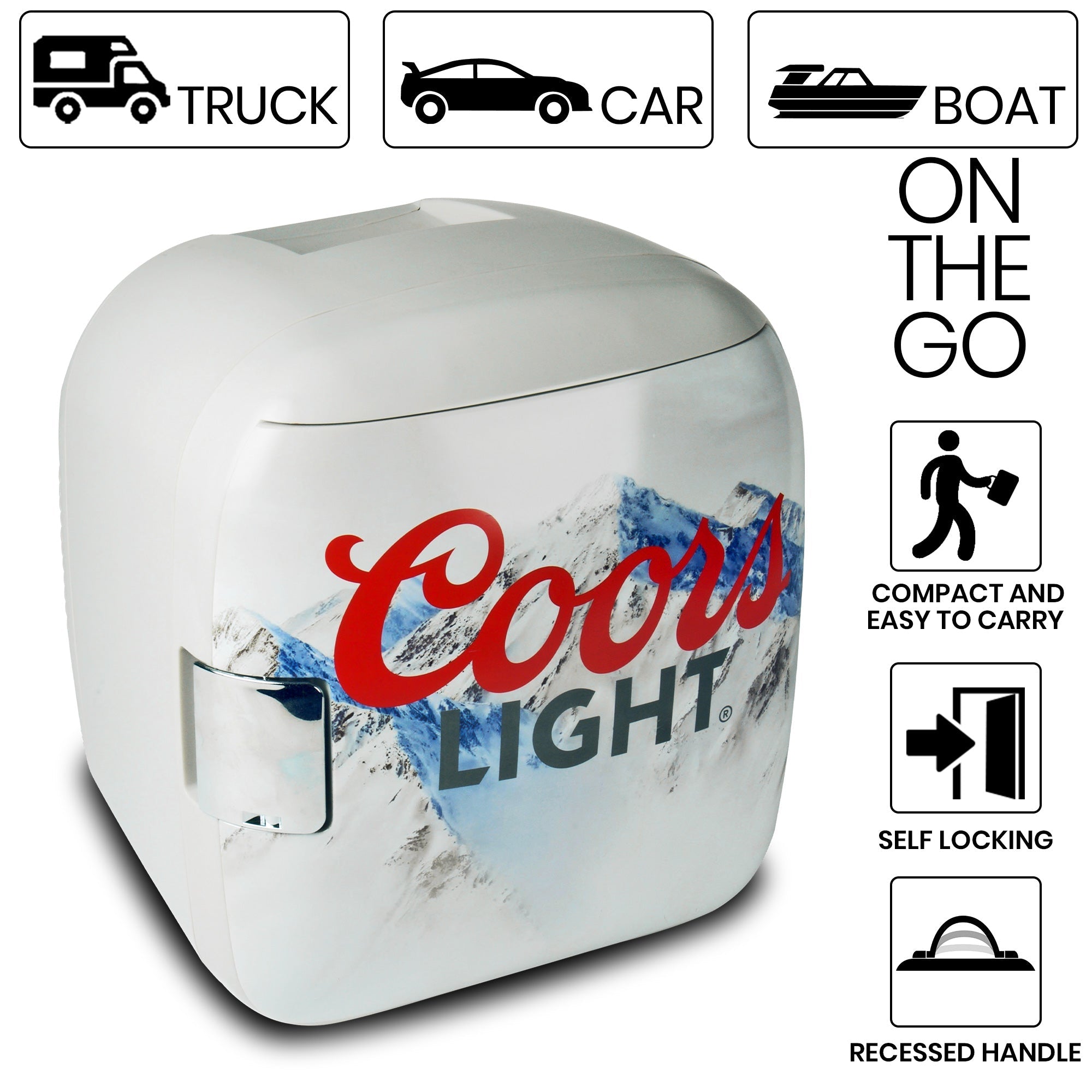 Coors Light 12 Can Portable Mini Fridge - 12V DC/110V AC Cooler & Warmer (7.9L/8.3 qt) - Compact Travel Fridge for Beer, Snacks, Lunch & Takeout - Includes 12V & AC Power Cords - Perfect for Home, Office, Dorm, Road Trips & Camping - Gray