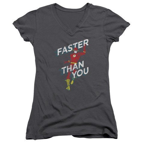 Trevco DC Comics 'Faster Than You' Junior V-Neck Tee - Charcoal Gray Medium | Superhero Graphic T-Shirt for Kids & Teens | Casual Wear, Cosplay & DC Fan Gifts
