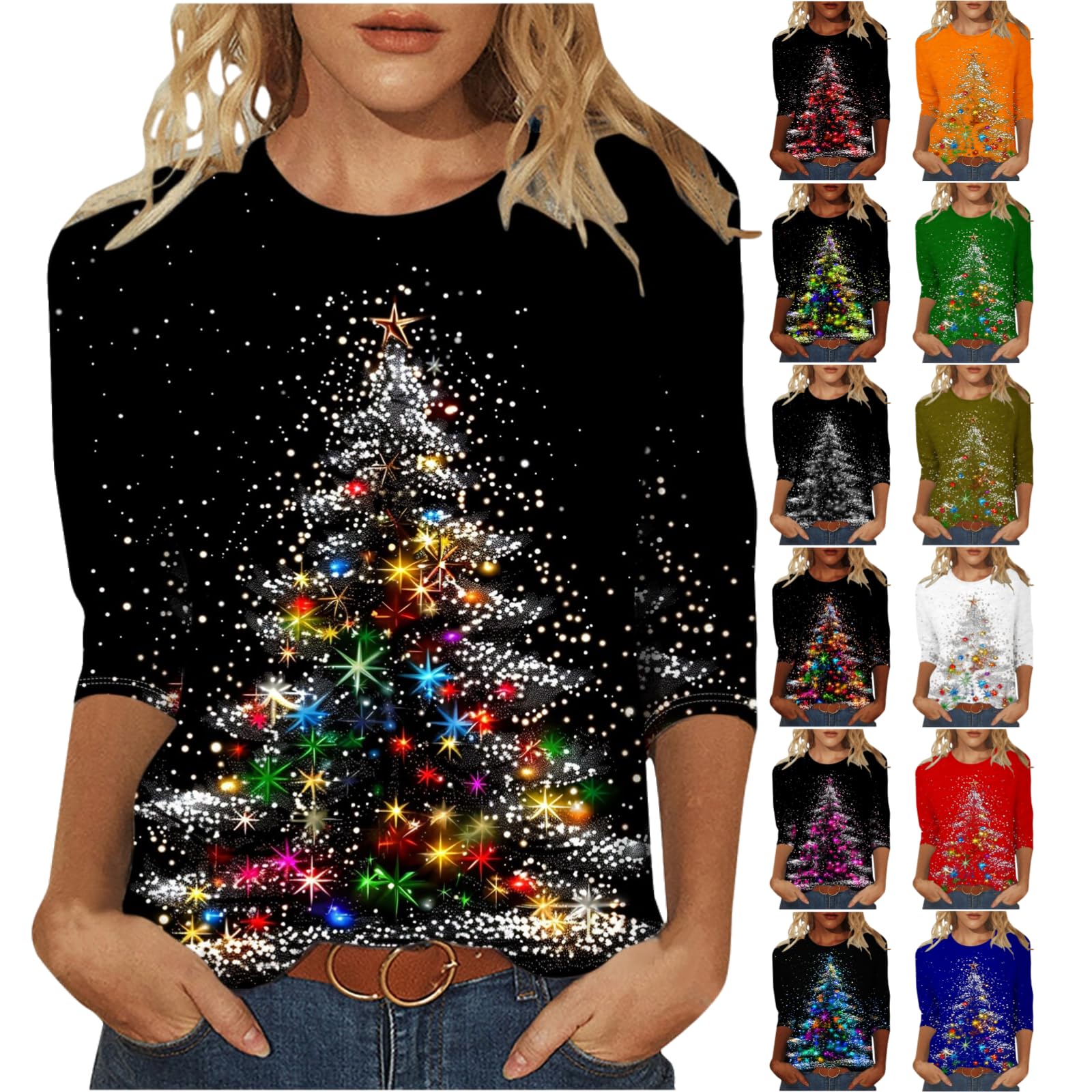 2024 Women's 3/4 Sleeve Christmas Tree Print T-Shirt - Loose Fit Crewneck Holiday Top for Parties, Gifts & Festive Outfits