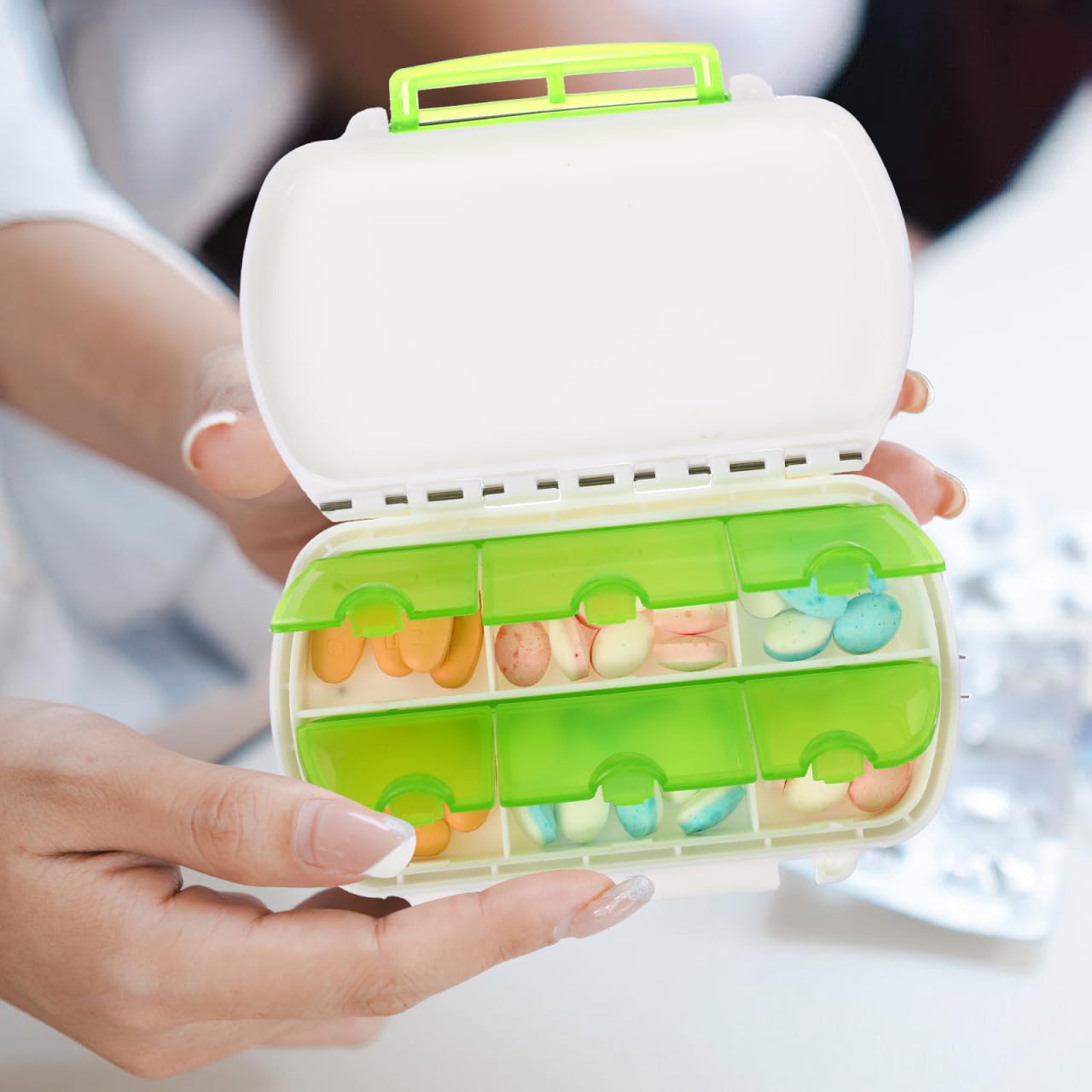 ROSENICE 6-Compartment Pill Organizer Box - Portable Weekly Medication Storage Case for Vitamins, Supplements & Pills (Green) - Perfect for Travel, Home & Daily Use