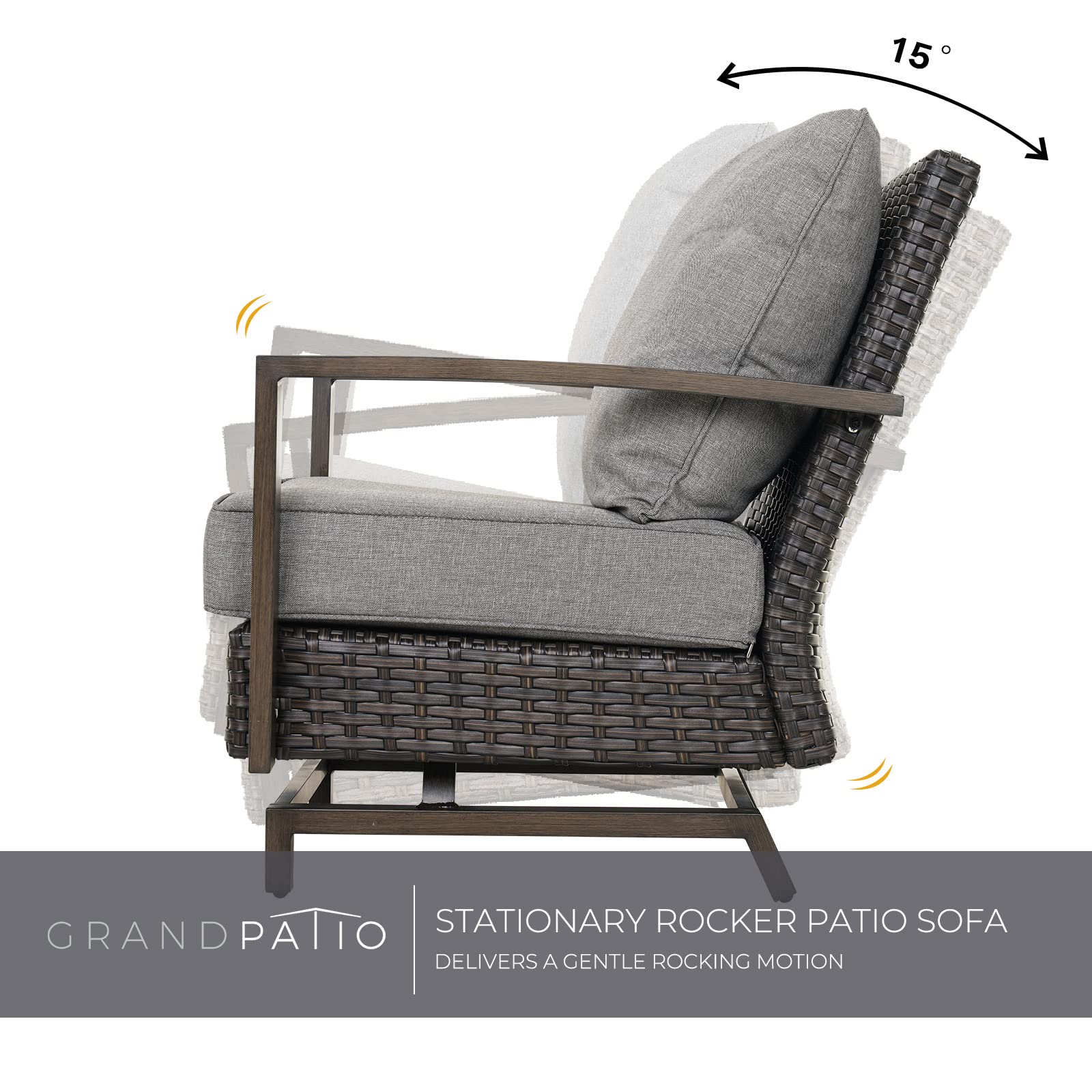 3-Piece Outdoor Patio Furniture Set - Aluminum Wicker Conversation Sofa with Wood Grain Finish, Stationary Rockers & Coffee Table - Removable Olefin Cushions (Dark Brown) - Perfect for Backyard, Garden, Poolside or Deck Relaxation