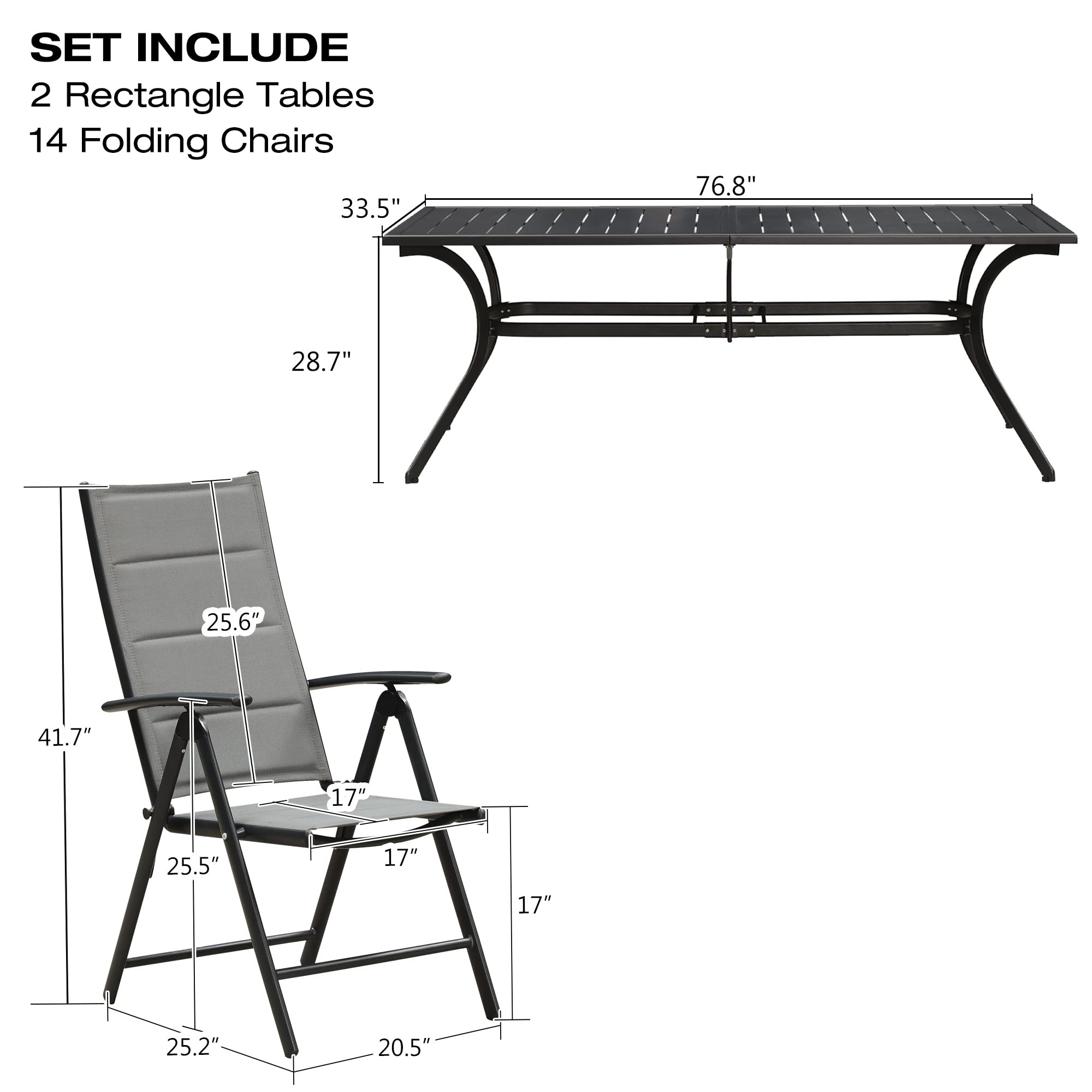 PURPLE LEAF 16-Piece Outdoor Dining Set with 2 Large Aluminum Rectangle Patio Tables & 14 Padded Folding Chairs - Modern Gray Patio Furniture for Deck, Garden, Yard | Perfect for Outdoor Entertaining & Family Gatherings