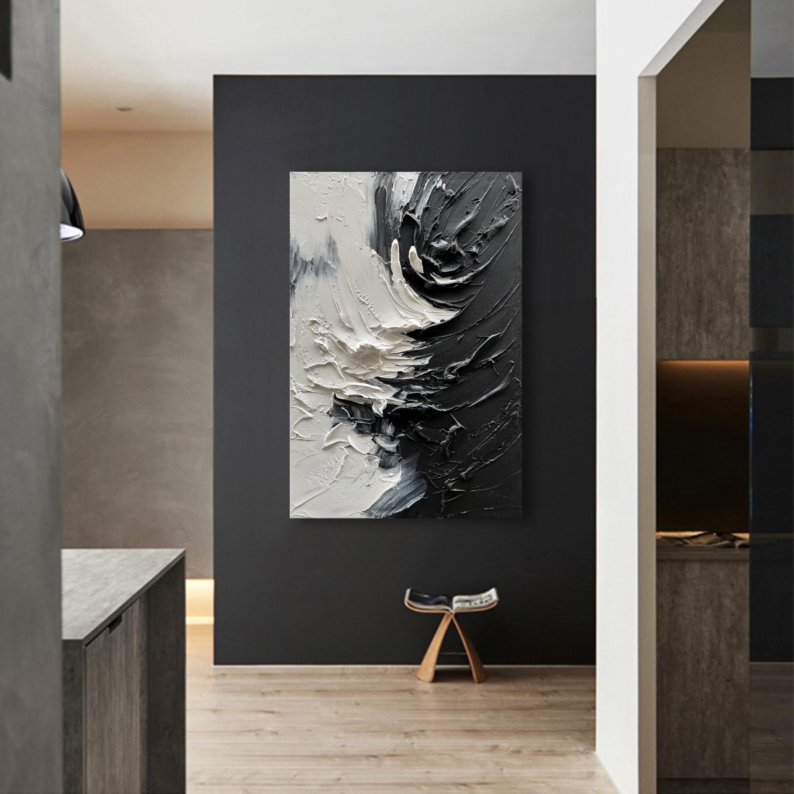 Hand-Painted Black and White Minimalist Oil Painting - 36x24 Inches Thick Texture Canvas Wall Art for Living Room, Bedroom & Office Decor | NANKAI Art