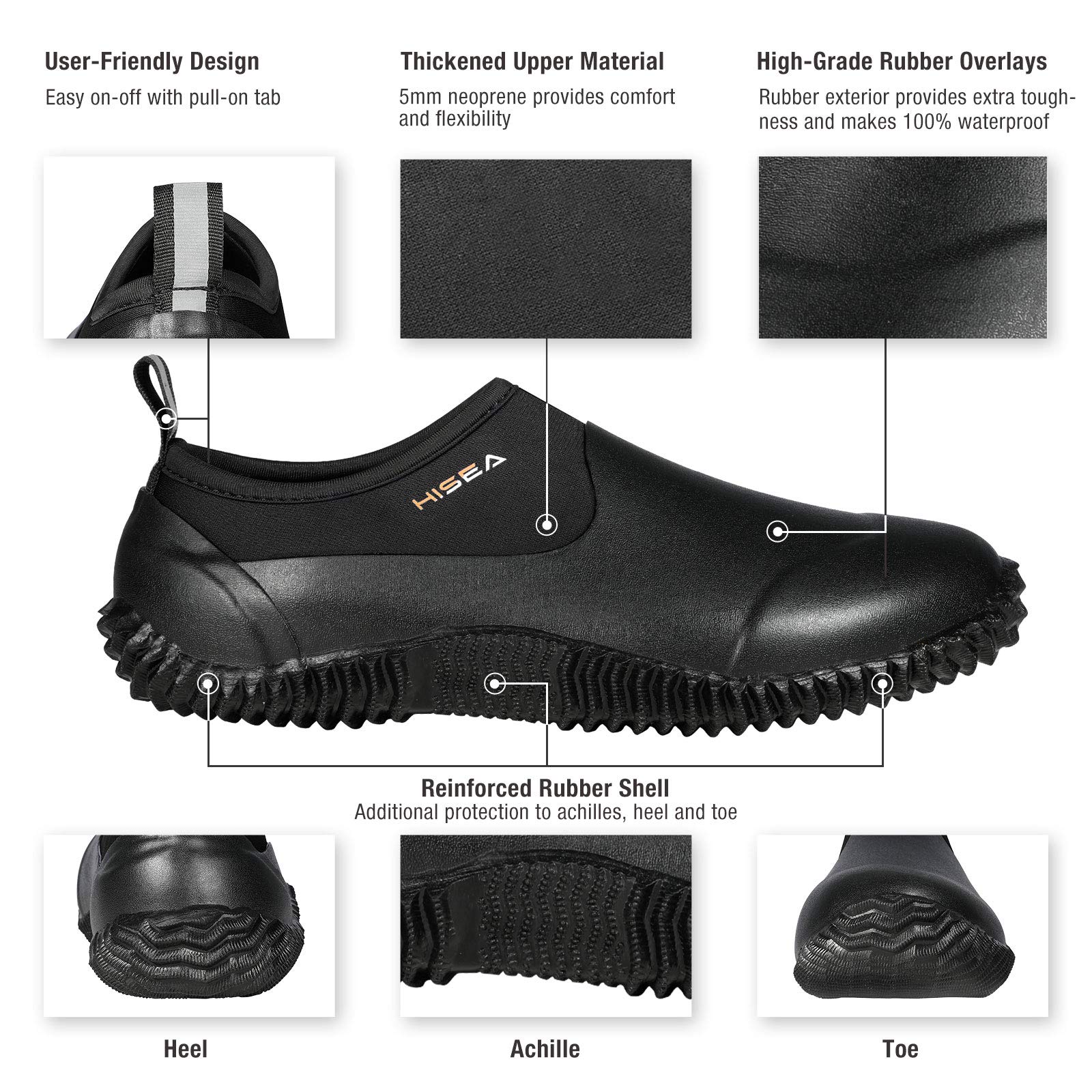 HISEA Unisex Waterproof Garden Shoes - Slip-On Rubber Neoprene Rain Boots for Men & Women, Outdoor Ankle Booties for Gardening, Farming, Camping, Car Wash, Lawn Care & Yard Work - Perfect for Wet Conditions & Outdoor Activities