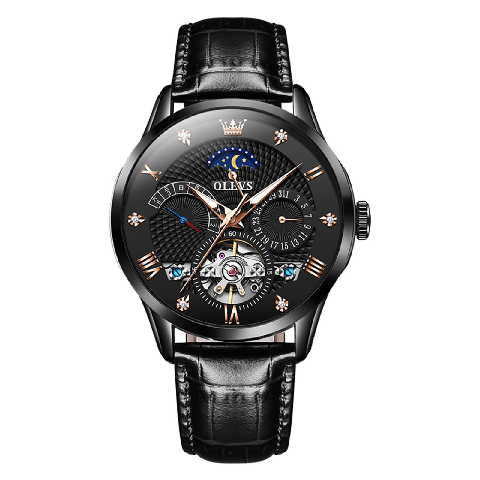 OLEVS Men's Automatic Watch - Multi-Function Mechanical Waterproof Business Watch with Stainless Steel Case & Genuine Leather Strap, Day Date Display & Luminous Hands - Perfect for Office, Formal Events & Everyday Wear