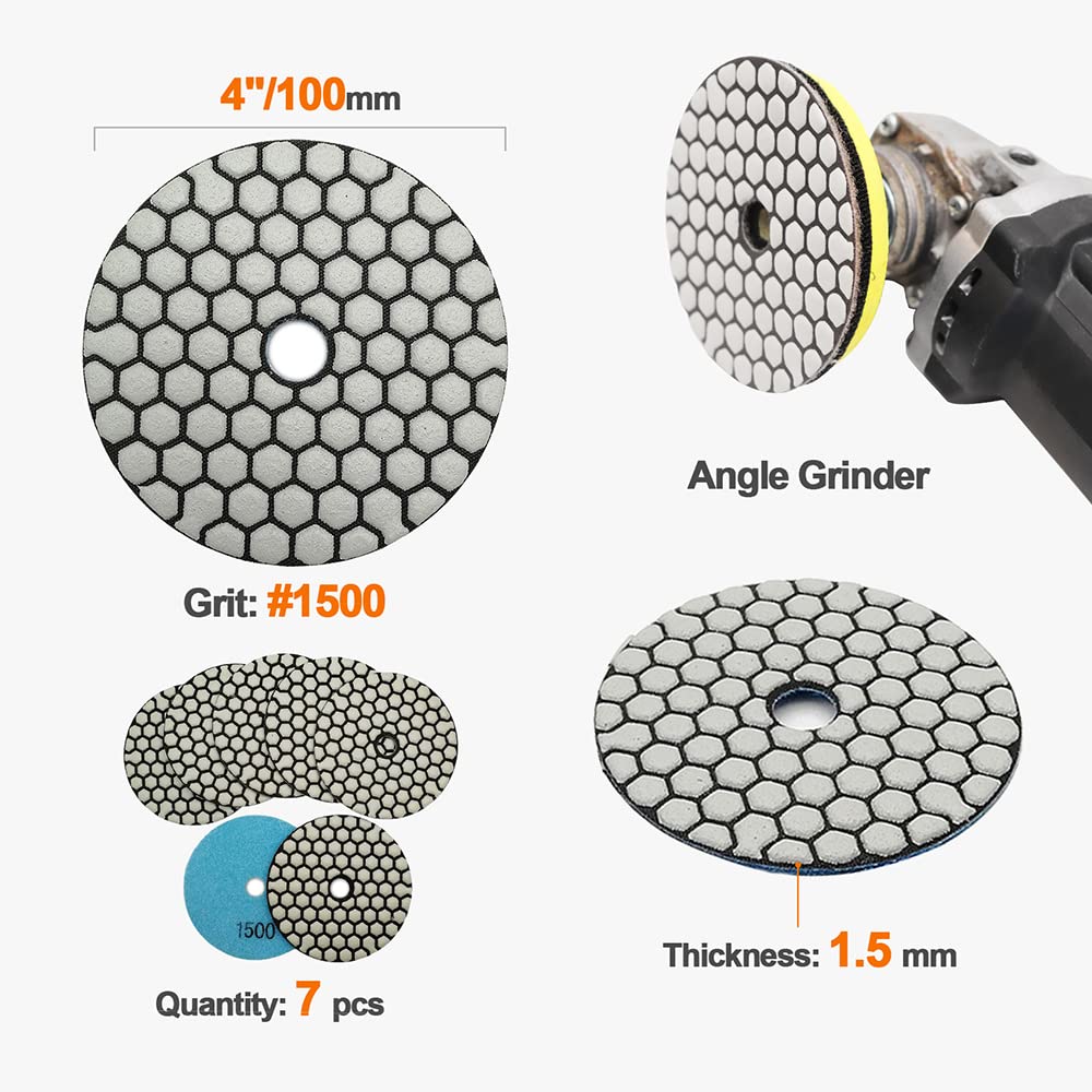 7-Piece 4 Inch Dry Diamond Polishing Pad Set #1500 Grit for Stone, Marble, Quartz, Granite - Professional Sanding Discs & Countertop Polish Kit - Perfect for Grinders & Polishers - Ideal for Kitchen Countertops, Bathroom Vanities & Floor Restoration
