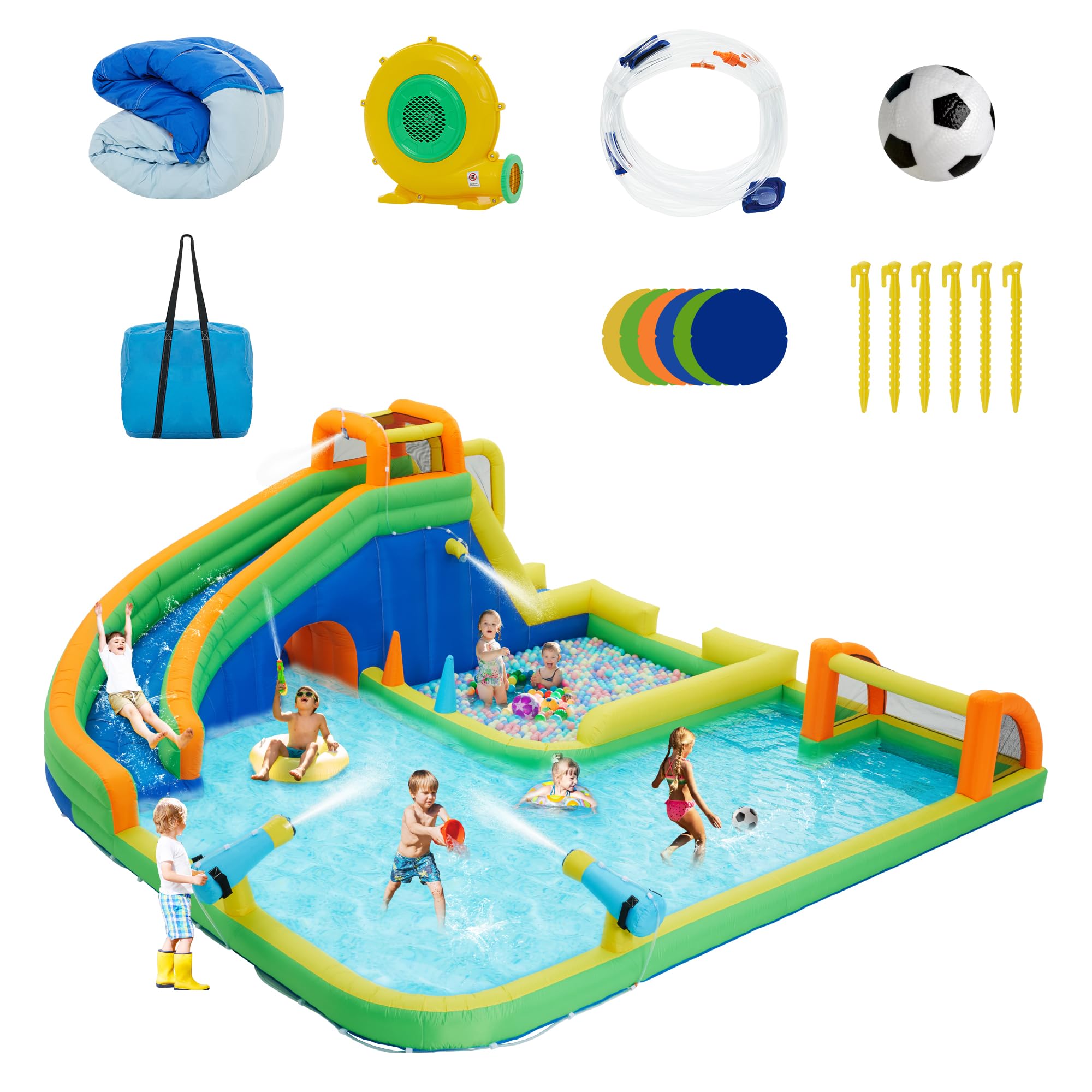 Best Inflatable Water Slide Park with Water Soccer & Dual Water Cannons - Giant Splash Pool for Outdoor Kids Play - Easy Setup & Includes Blower - Perfect for Backyard Parties, Summer Fun & Family Gatherings