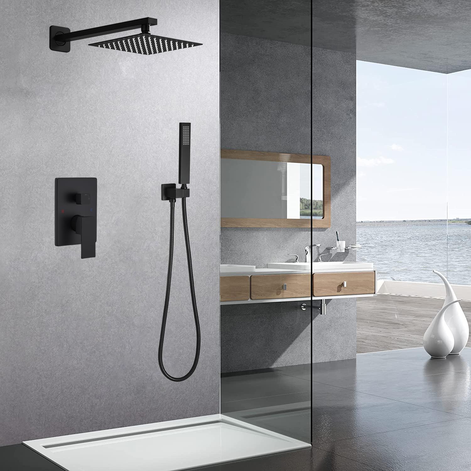 Luxury Matte Black Shower System - Brass Rainfall Shower Head Combo Set with Wall Mounted Mixer & Rough-in Valve (Body & Trim Included) for Modern Bathroom & Spa Experience