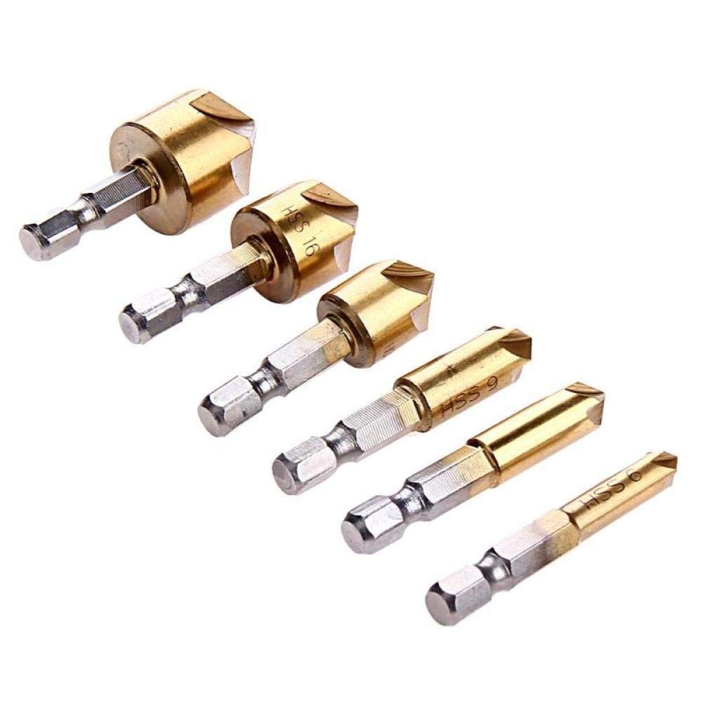6pcs HSS Chamfer Drill Bit Set - 90 Degree Countersink Bits with Hex Shank (6mm-19mm) for Woodworking, Metal Drilling & DIY Projects