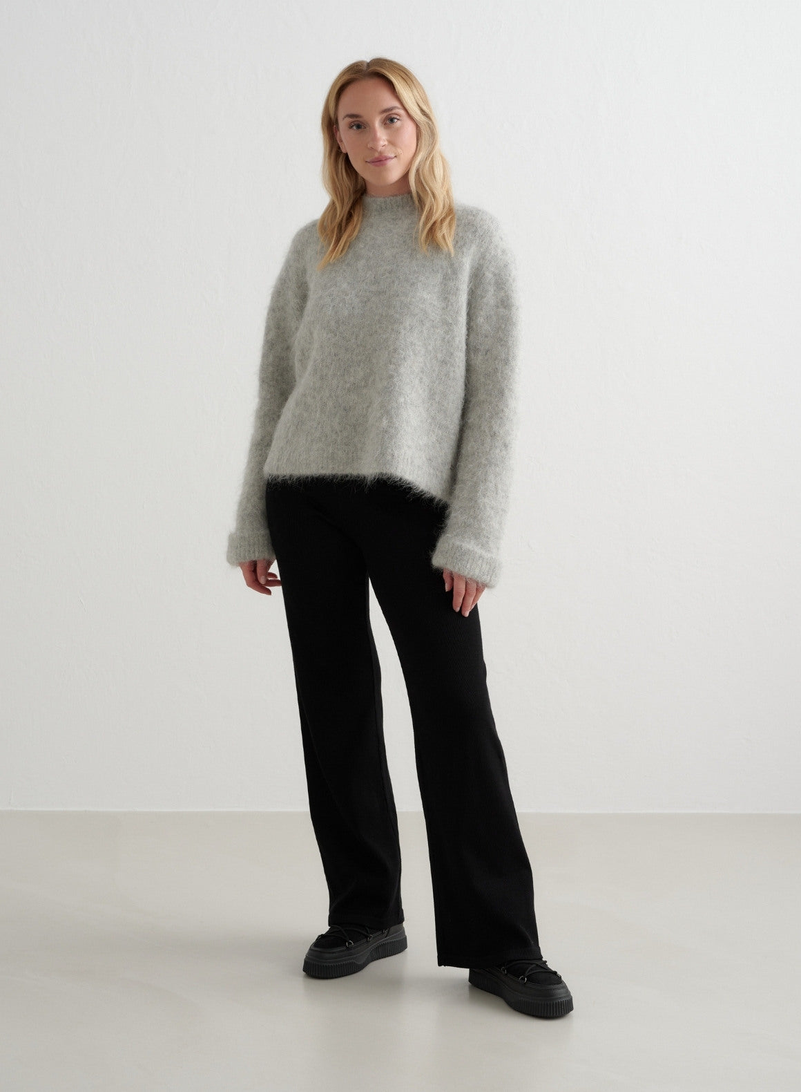 Black Ribbed Wool Wide Leg Pants for Women - High Waisted Winter Trousers, Comfortable & Stylish for Office, Travel & Casual Outfits