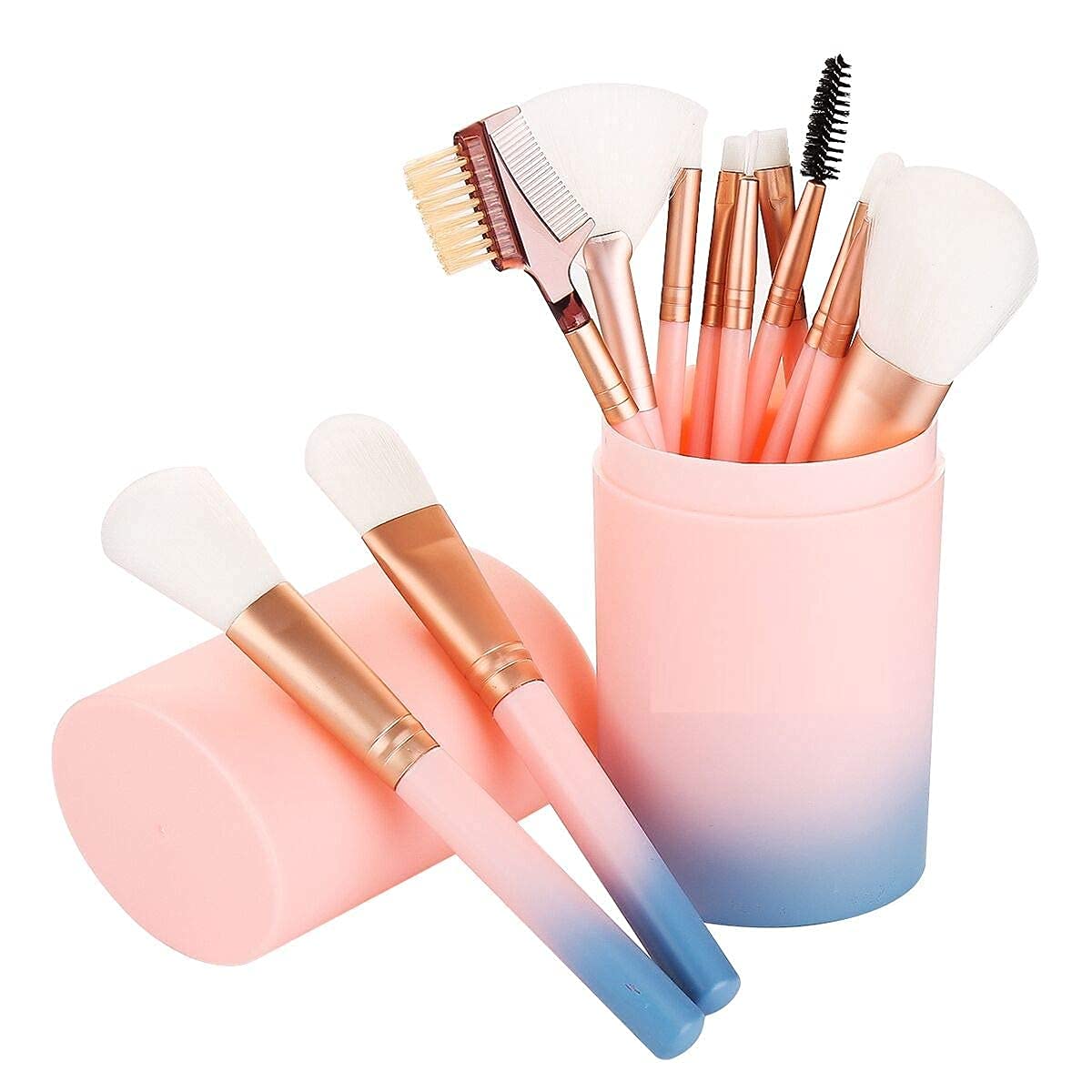 MACPLUS 12-Piece Makeup Brush Set with Storage Barrel - Soft Light Pink Brushes for Foundation, Blush, Eyeshadow & More | Perfect for Travel & Professional Makeup Artists
