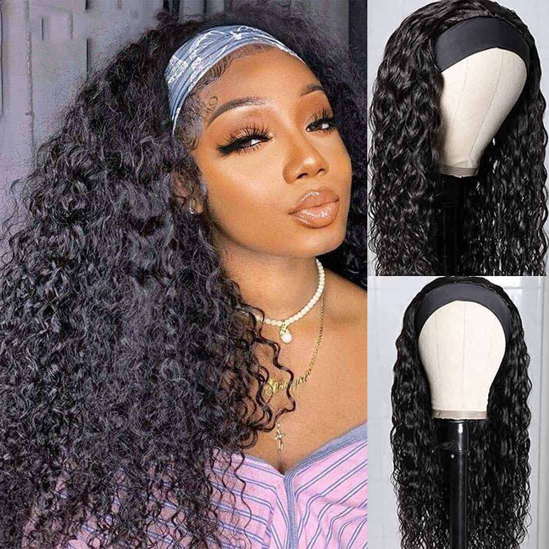 Beauty Forever Glueless Human Hair Wigs - 18 Inch Water Wave Headband Wig with Pre-Attached Scarf, 150% Density, Natural Color for Women | Perfect for Daily Wear, Parties & Protective Styling