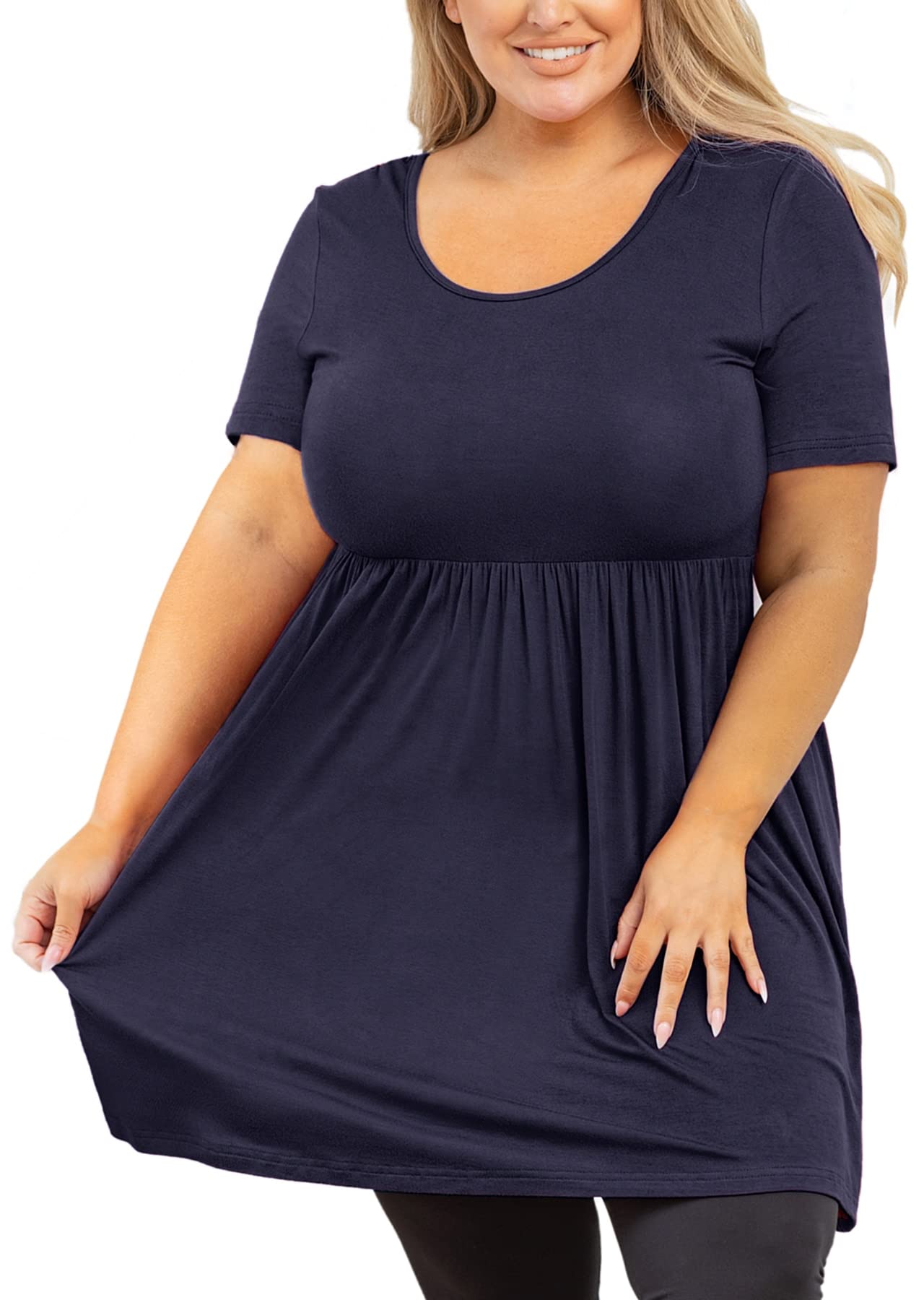 Plus Size Women's Flowy Loose Fit Babydoll T-Shirt - Short Sleeve Scoop Neck Pleated Tunic Top for Summer (Sizes L-5X) | Casual Outfit, Beach Wear & Everyday Comfort