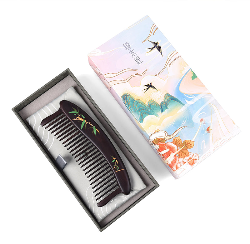 Premium Ebony Wood Comb with Bamboo Pattern - Natural Hair Detangler & Styling Tool for Men & Women - Perfect for Daily Hair Care, Travel & Grooming