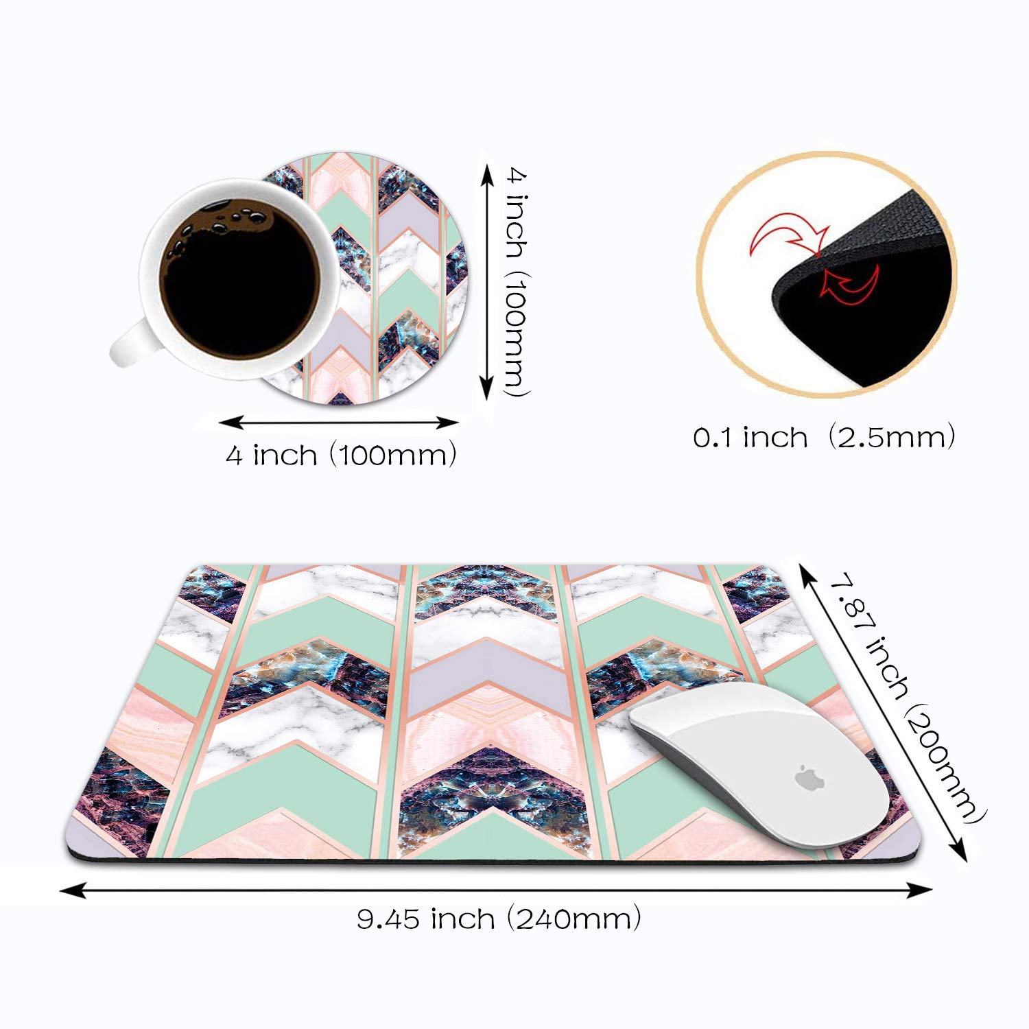 LOWORO Geometric Marble Mouse Pad & Coasters Set - Non-Slip Rubber Base Rectangle Desk Mat for Laptop, Computer, Gaming & Office Use - Perfect for Workstations, Home Offices and Gaming Setups