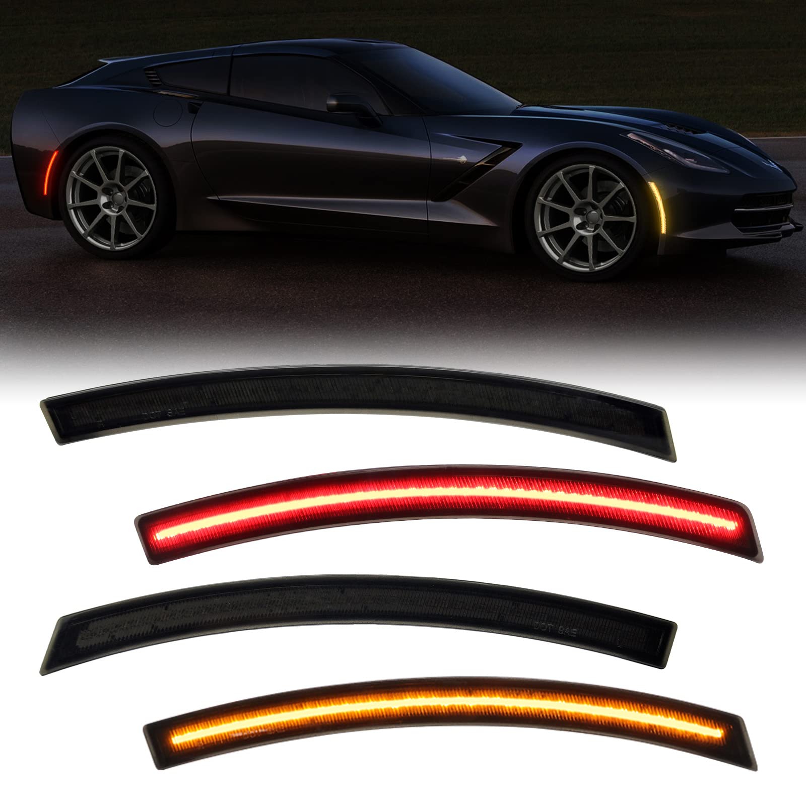 4PCS Smoked Lens LED Side Marker Lights for Corvette C7 (2014-2019) - Compatible with Grand Sport/Stingray/Z06/ZR1 - Amber & Red LED Bumper Turn Signal Lights - Upgrade for Enhanced Visibility & Style
