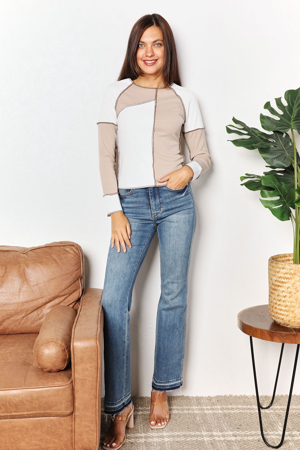 Khaki Color Block Exposed Seam Women's Tops - Trendy Casual Shirt for Streetwear & Everyday Outfits