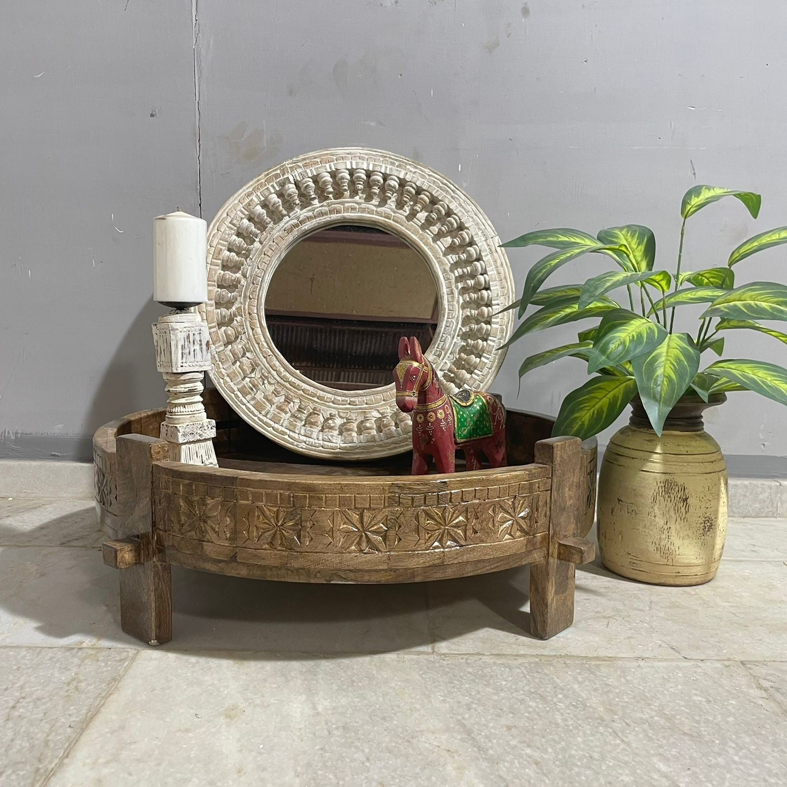 Handmade Solid Wood Indian Chakki Coffee Table - 30x30x10 Inches, Handcrafted Carved Traditional Design for Living Room, Lounge & Home Decor