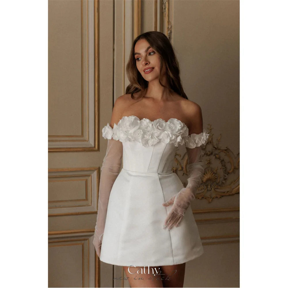 Elegant Short White Mermaid Wedding Dress with Detachable Sleeves & Floral Embroidery - Perfect for Beach Weddings, Vow Renewals & Romantic Photoshoots