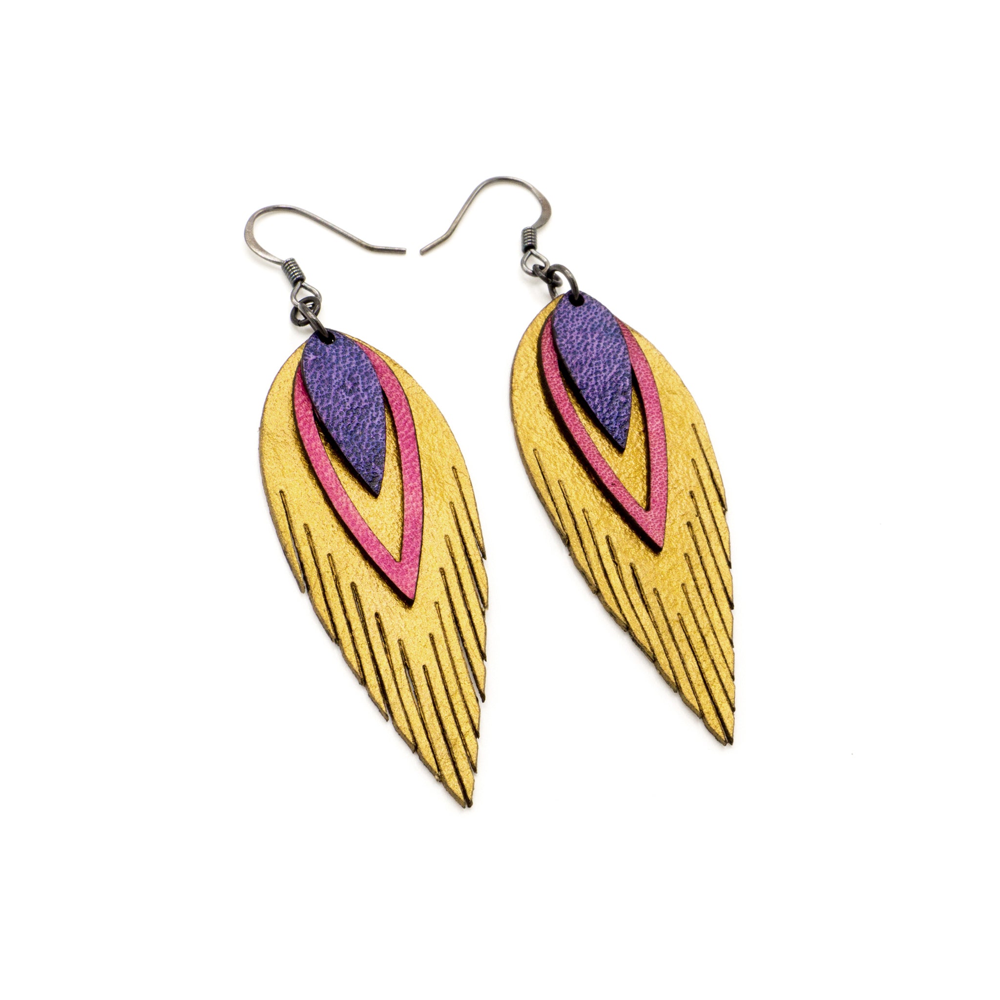 3 Layer Genuine Leather Earrings for Women - Gold, Fuchsia, Purple | Boho Chic Handmade Dangle Earrings | Perfect for Parties, Weddings & Everyday Wear