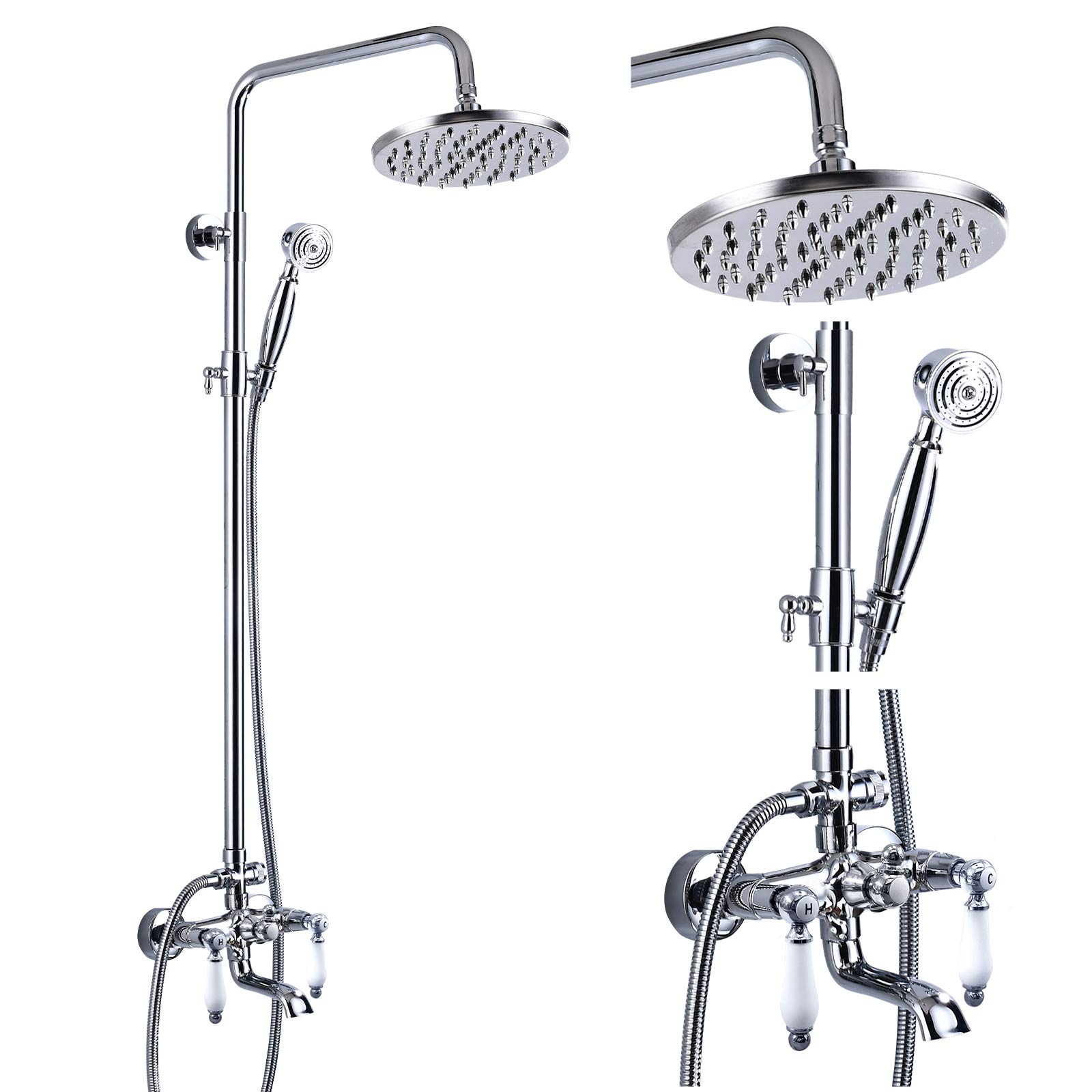 Gotonovo 8-inch Polish Chrome Shower Faucet Set with Handheld Spray - Double Lever Handle, Tub Spout & Triple Function - Wall Mount Bathroom Shower Fixture for Modern Homes & Luxury Hotels