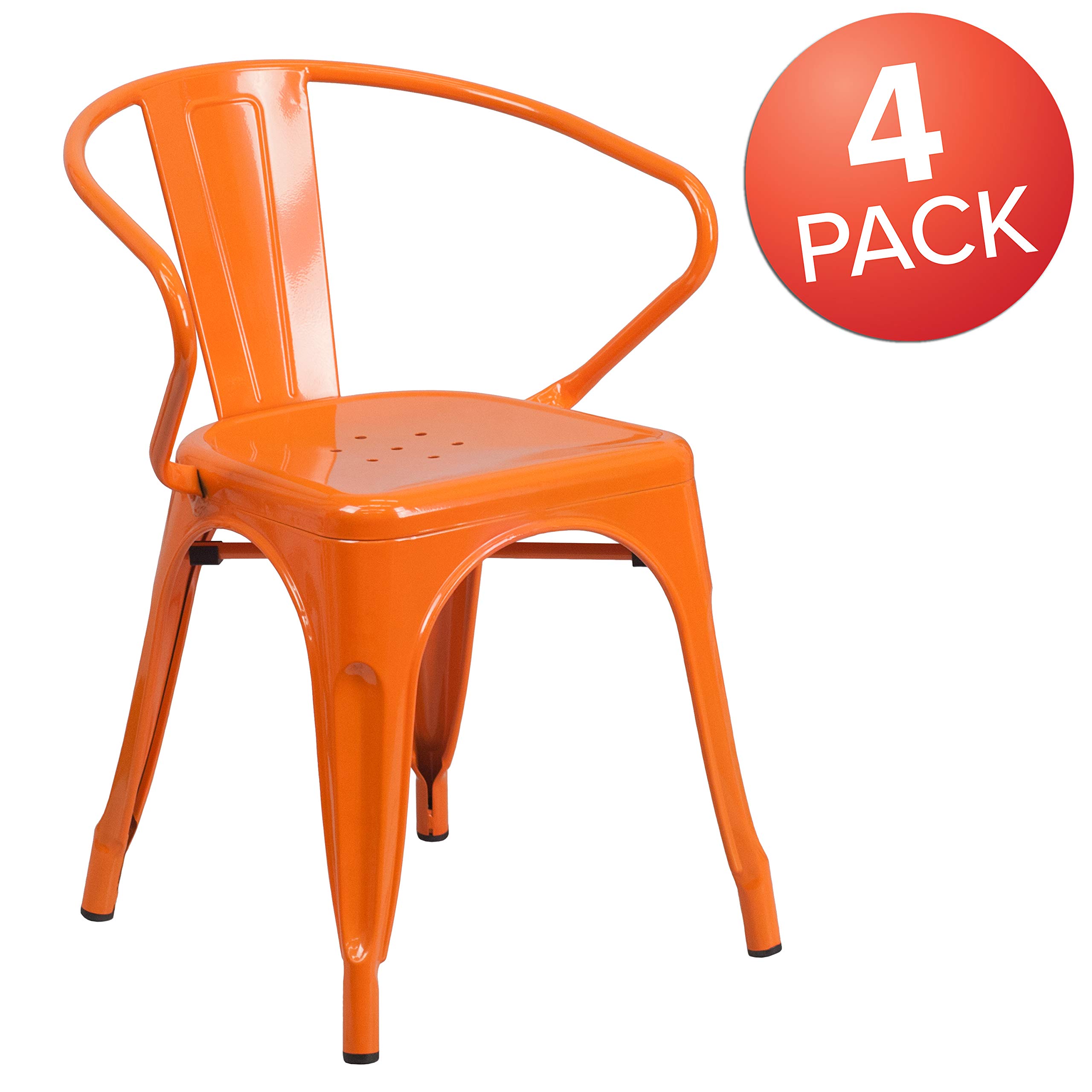 Flash Furniture Roy Commercial Grade 4-Pack Orange Metal Indoor-Outdoor Arm Chairs - Durable Stackable Seating for Restaurants, Patios, Cafes & Events